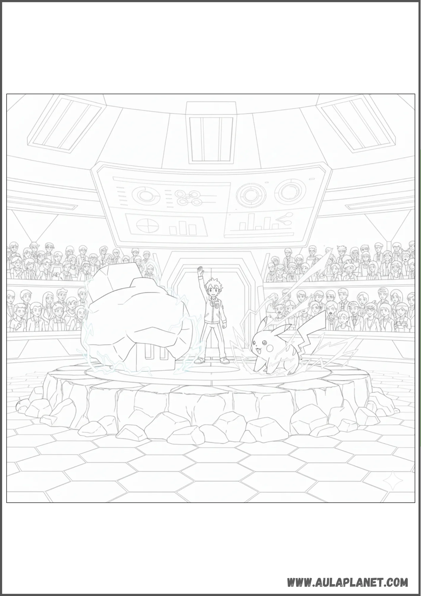 Nacli luchando contra Pikachu en una arena Pokémon para colorear