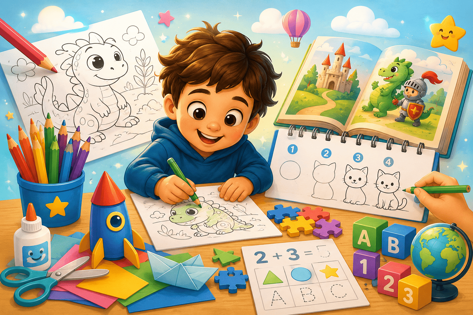 Niño dibujando con dibujos para colorear, cuentos infantiles y recursos educativos de AulaPlanet