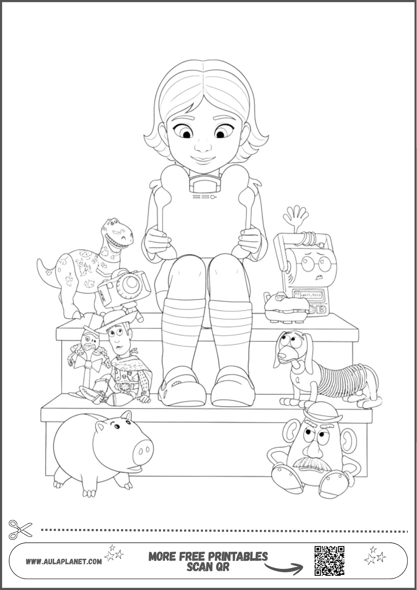 Bonnie rodeada de Snappy, Rex, Slinky y sus juguetes