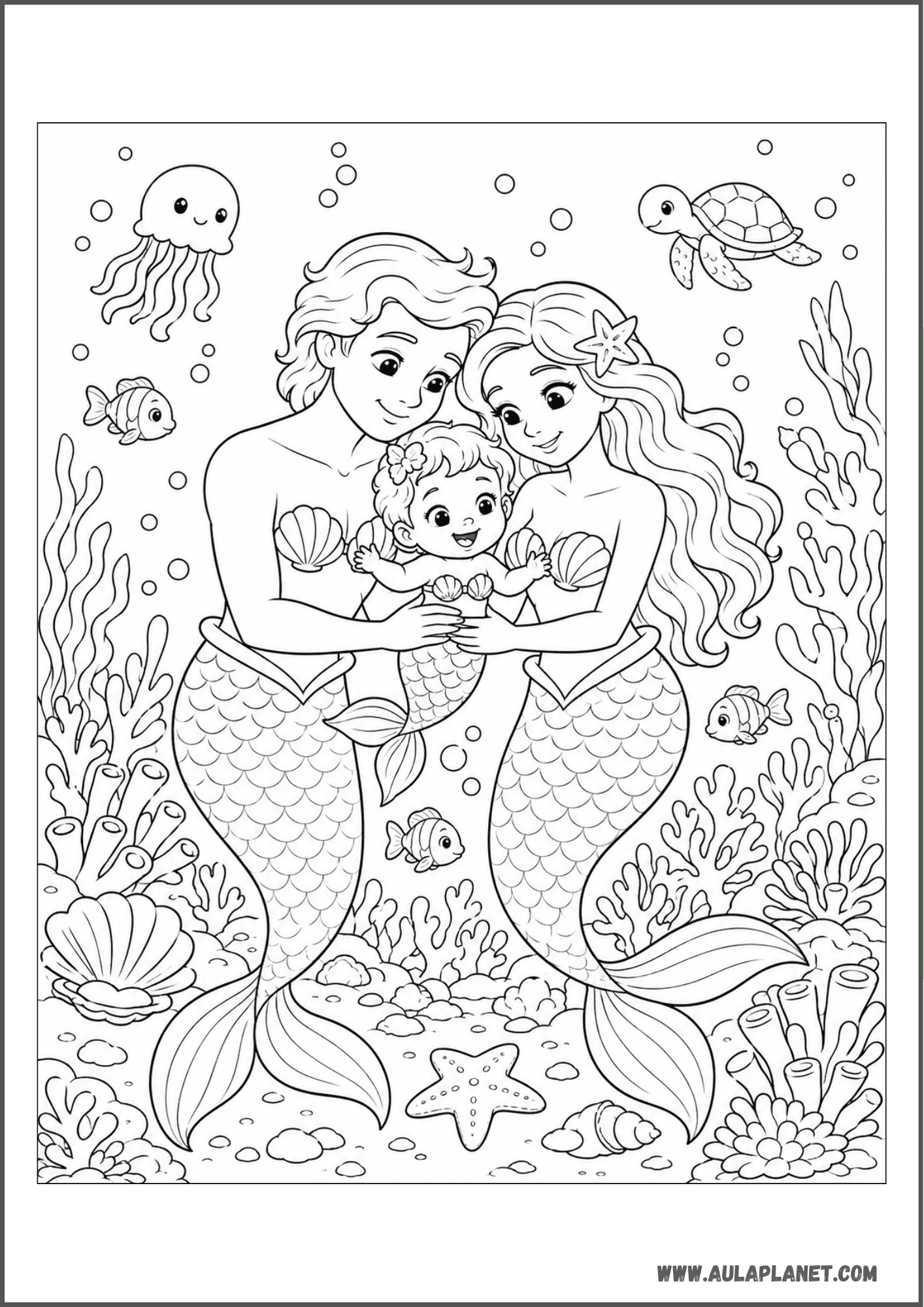 Familia de sirenas en el jardín coralino