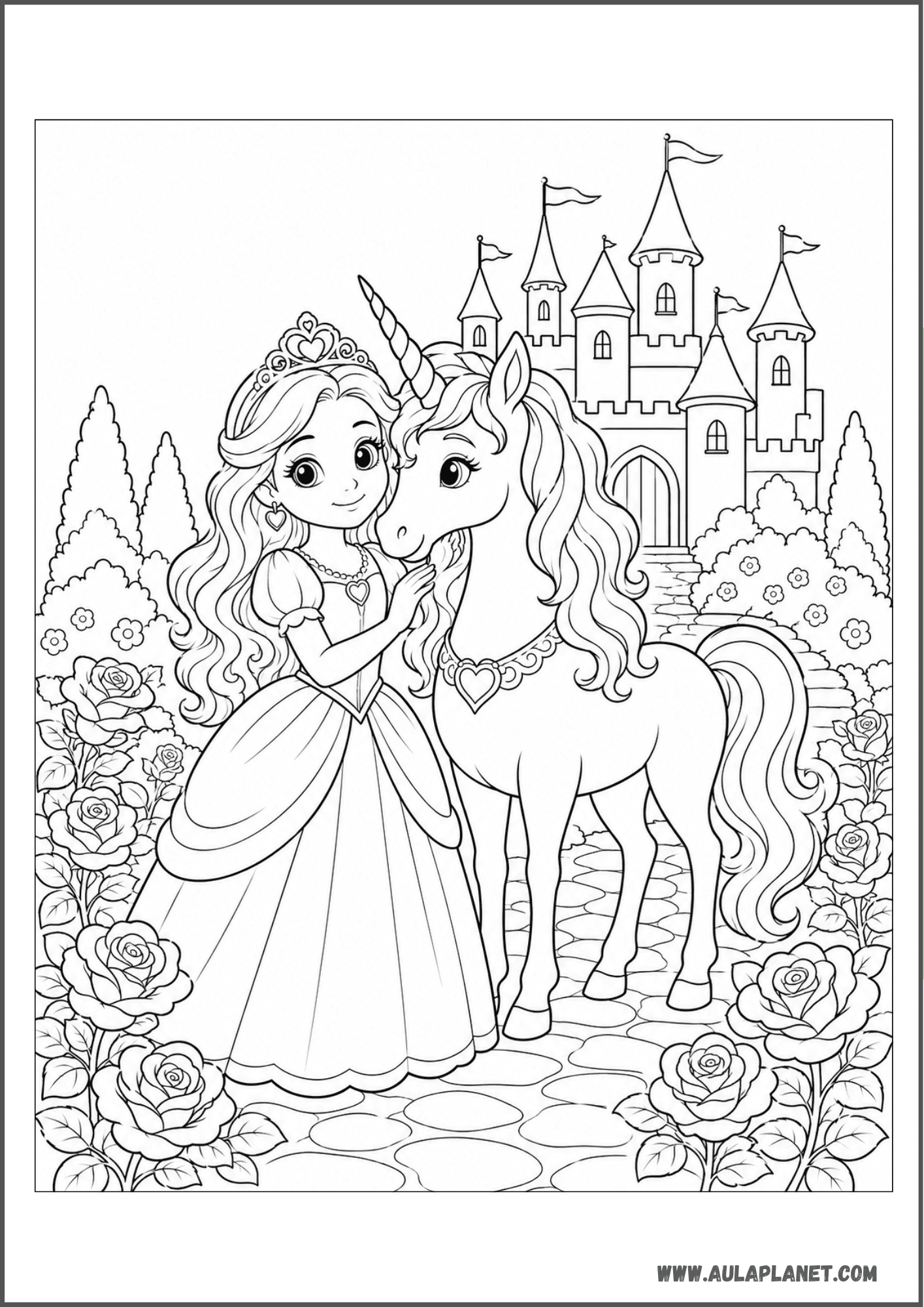 Princesse et licorne près du château