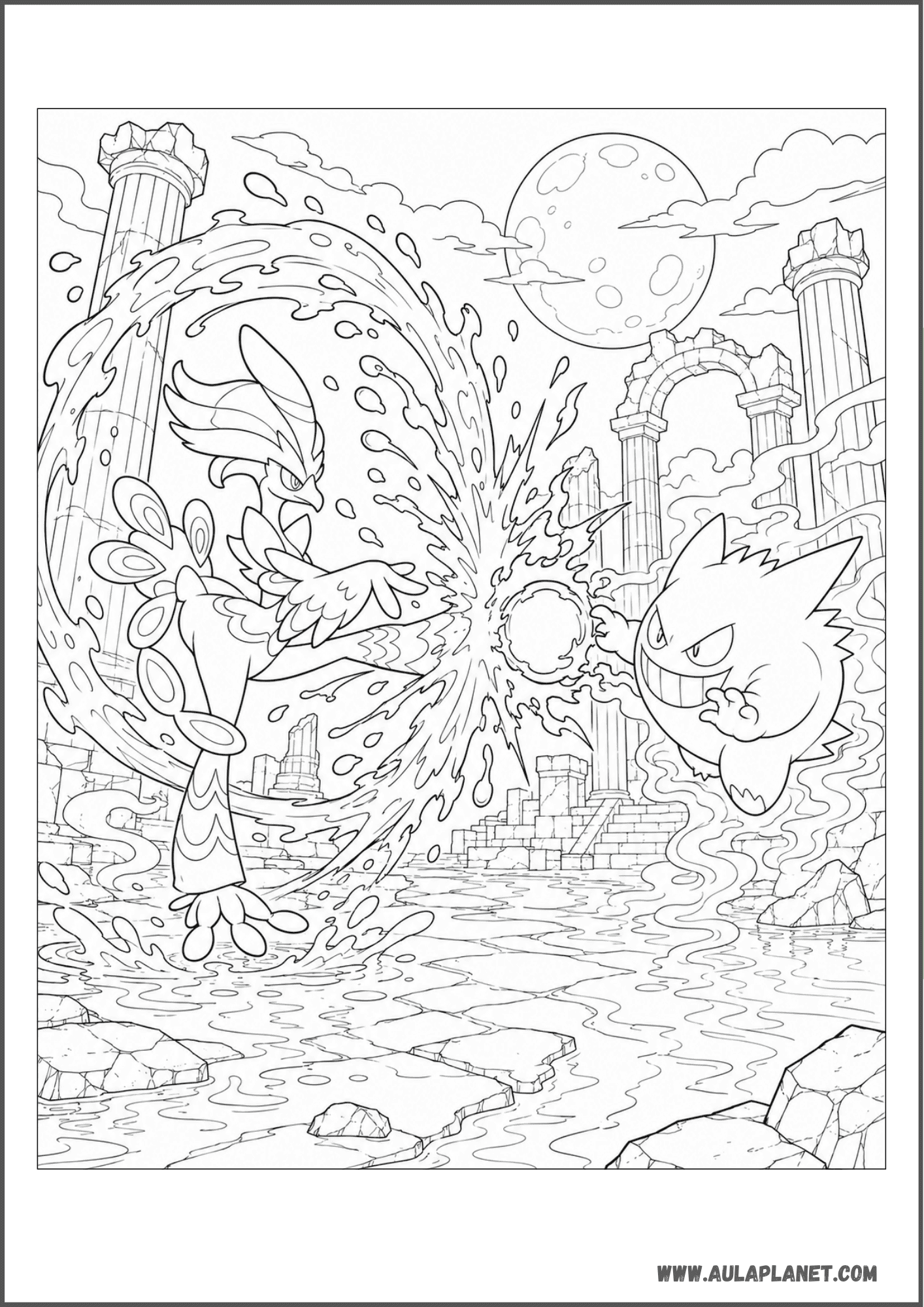 Quaquaval contra Gengar bajo la luna en ruinas