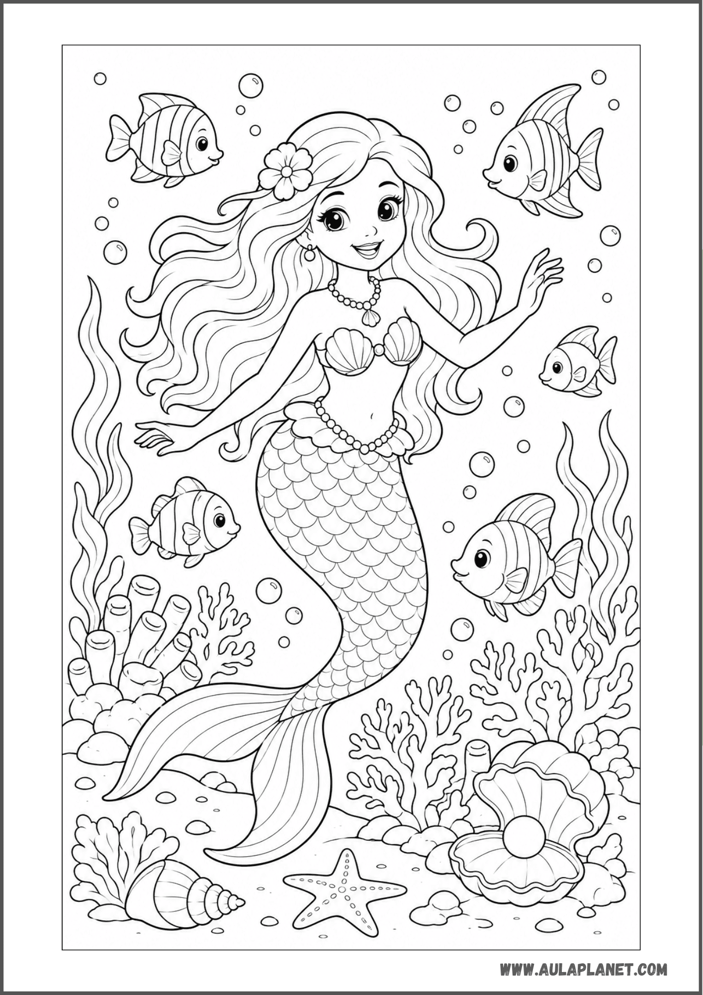 Sirena amistosa entre corales y burbujas