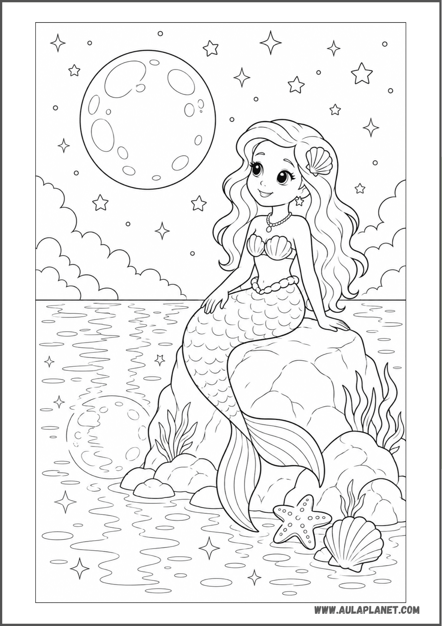 Sirena en la roca bajo la luna