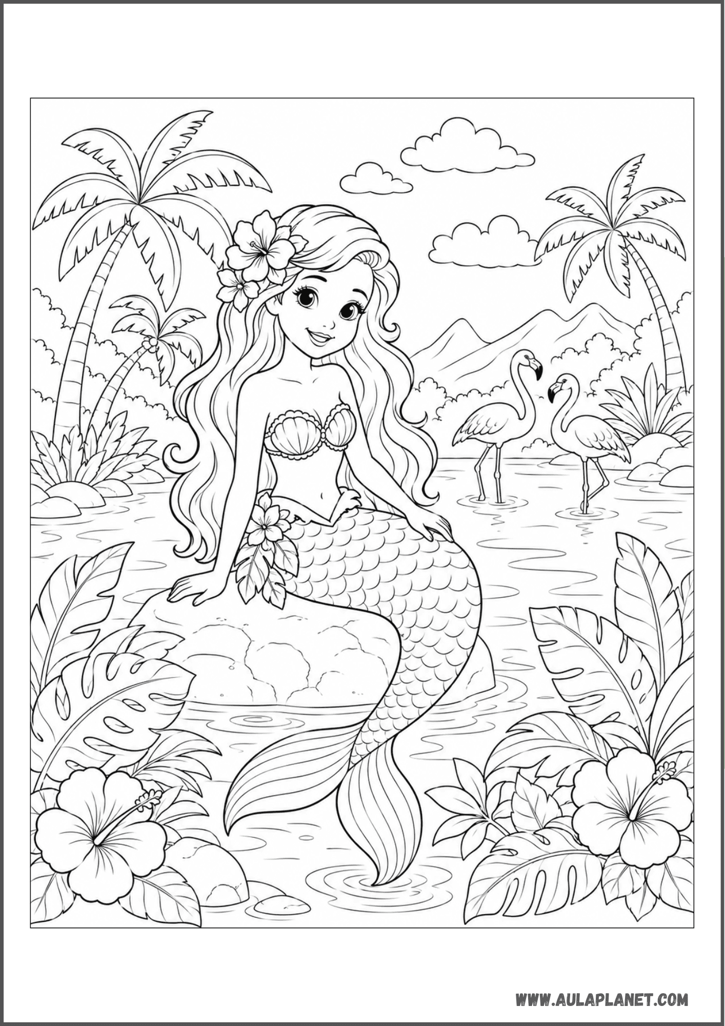 Sirena en laguna tropical con flamencos