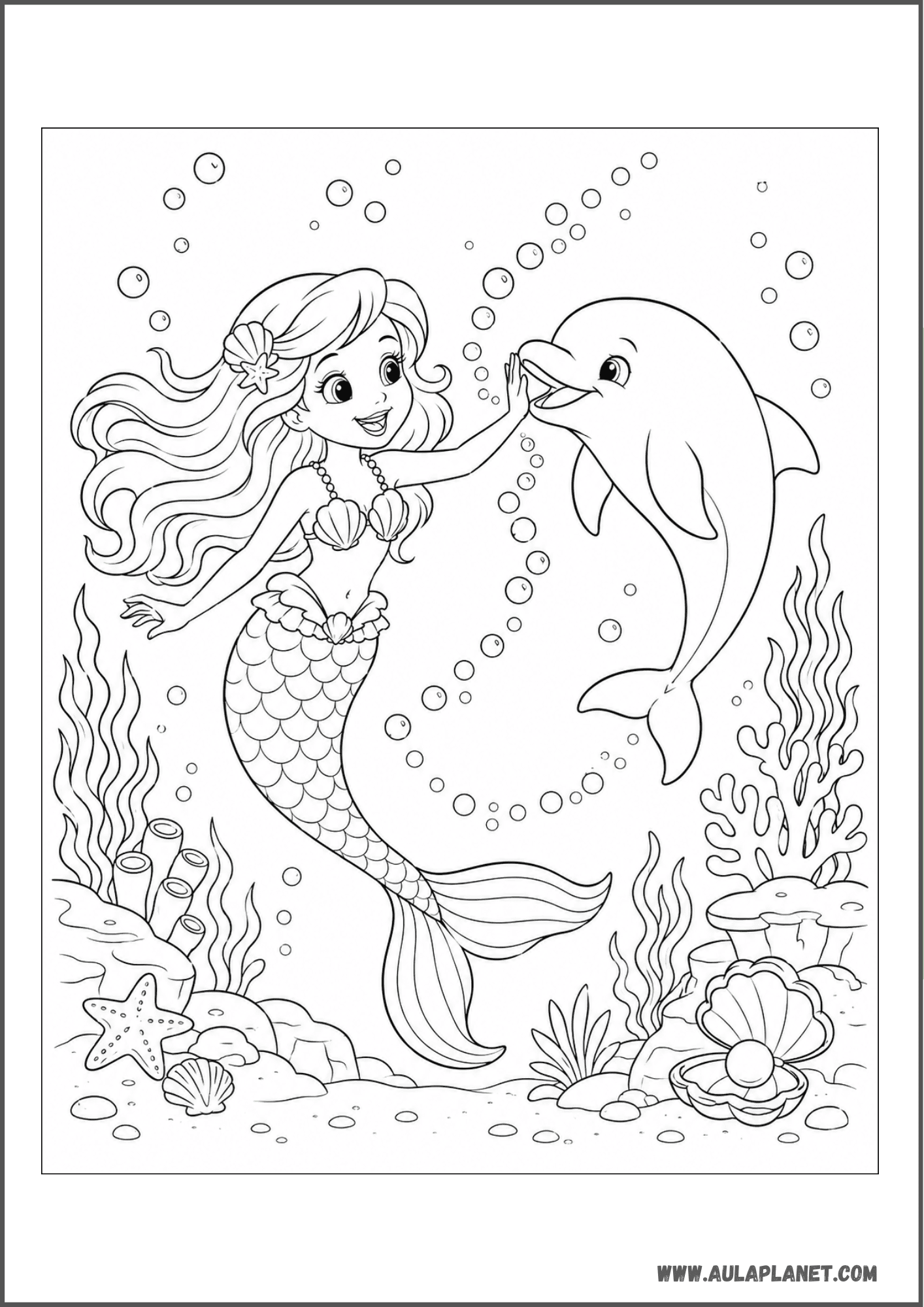 Sirena y delfín entre burbujas