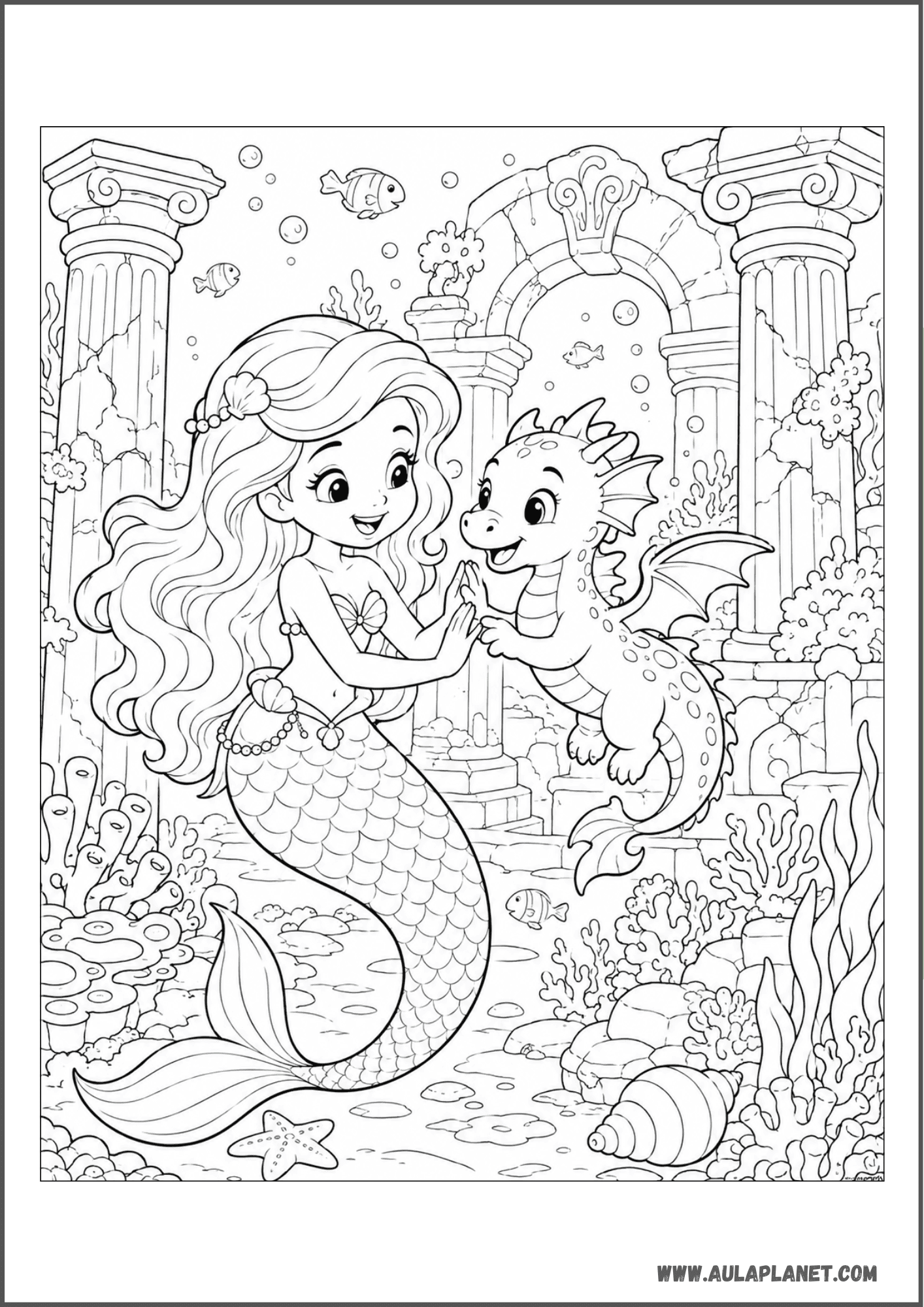 Sirena y dragón bebé entre ruinas
