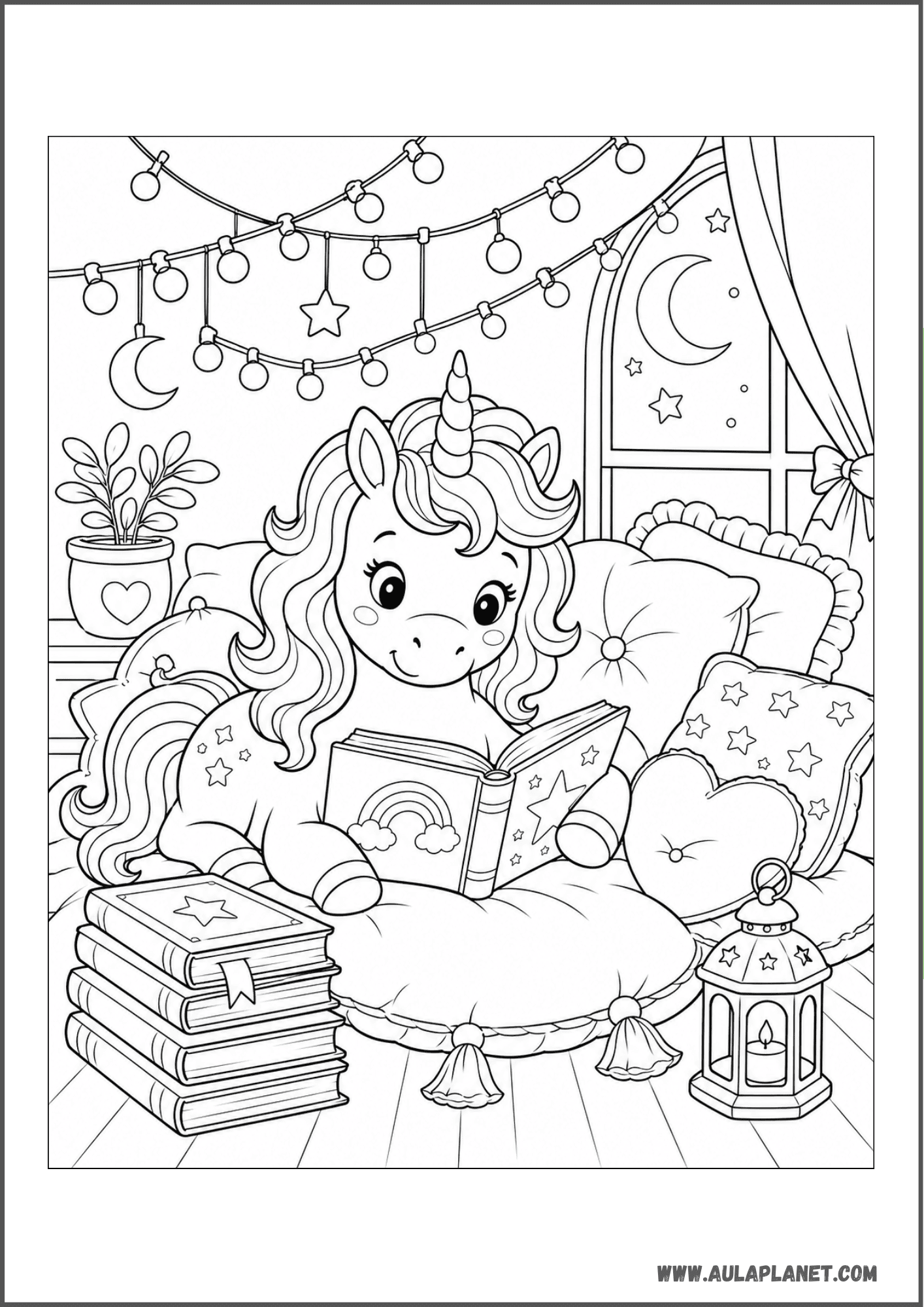 Licorne douillette lisant un conte