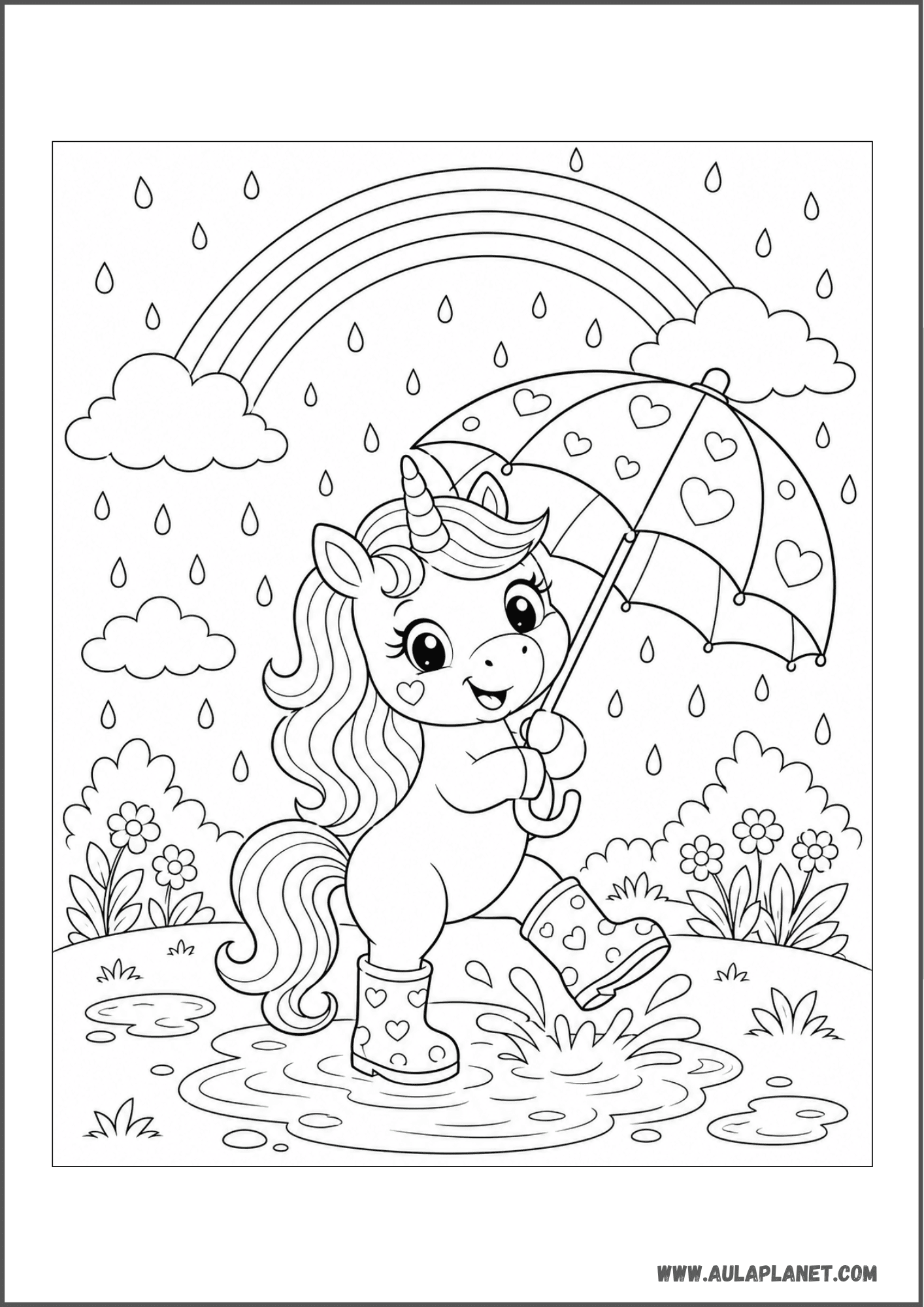Licorne avec parapluie et arc-en-ciel