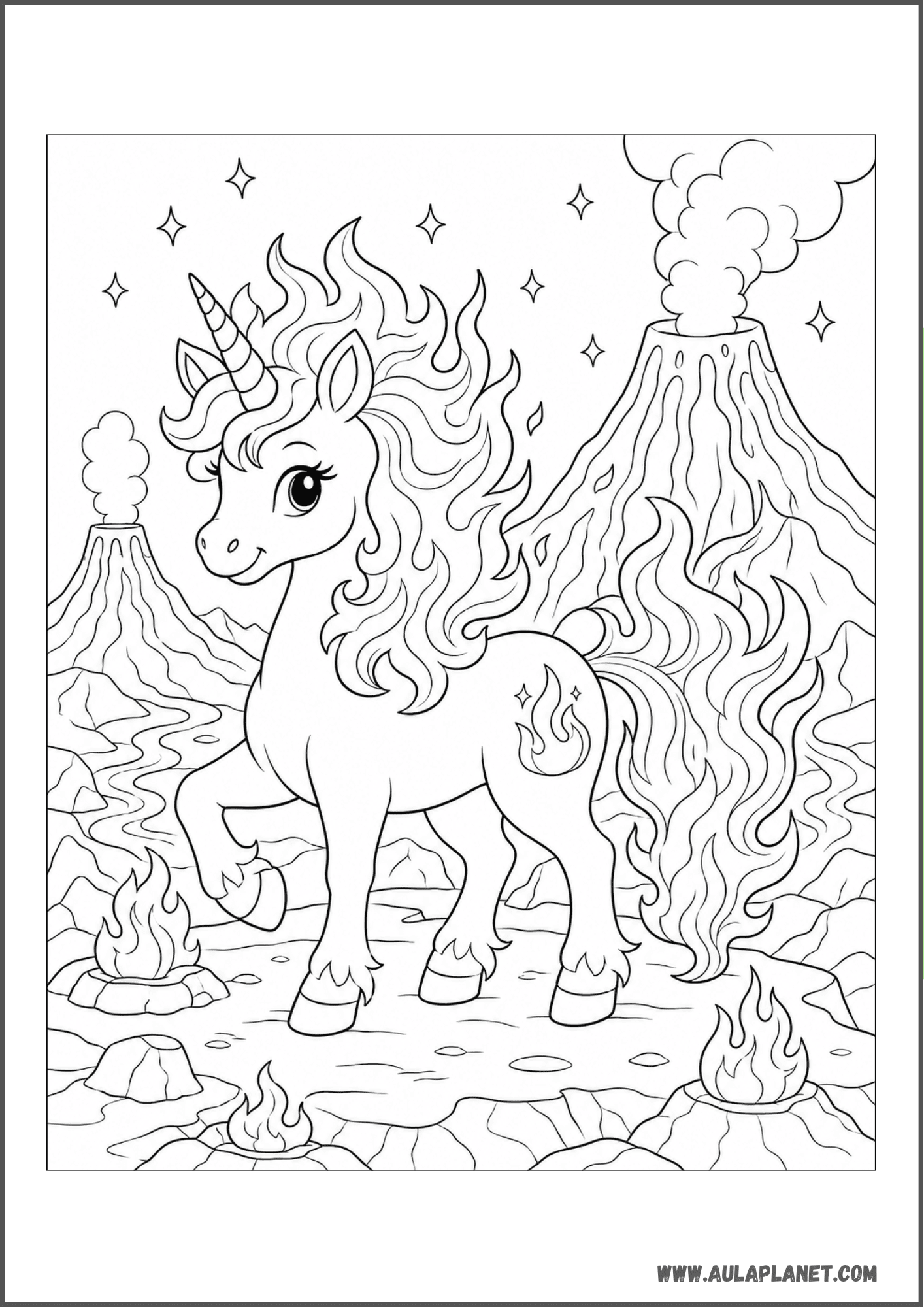 Licorne de feu sur un volcan magique