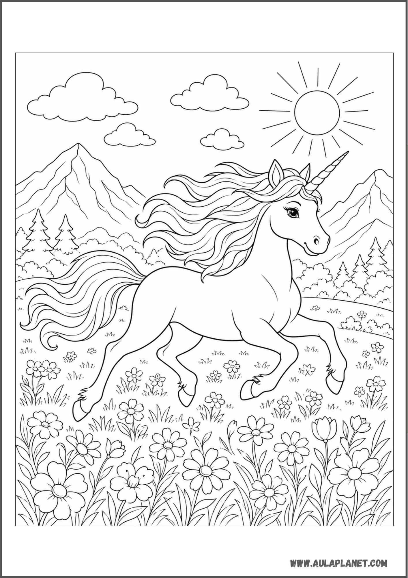 Licorne heureuse galopant parmi fleurs et montagnes