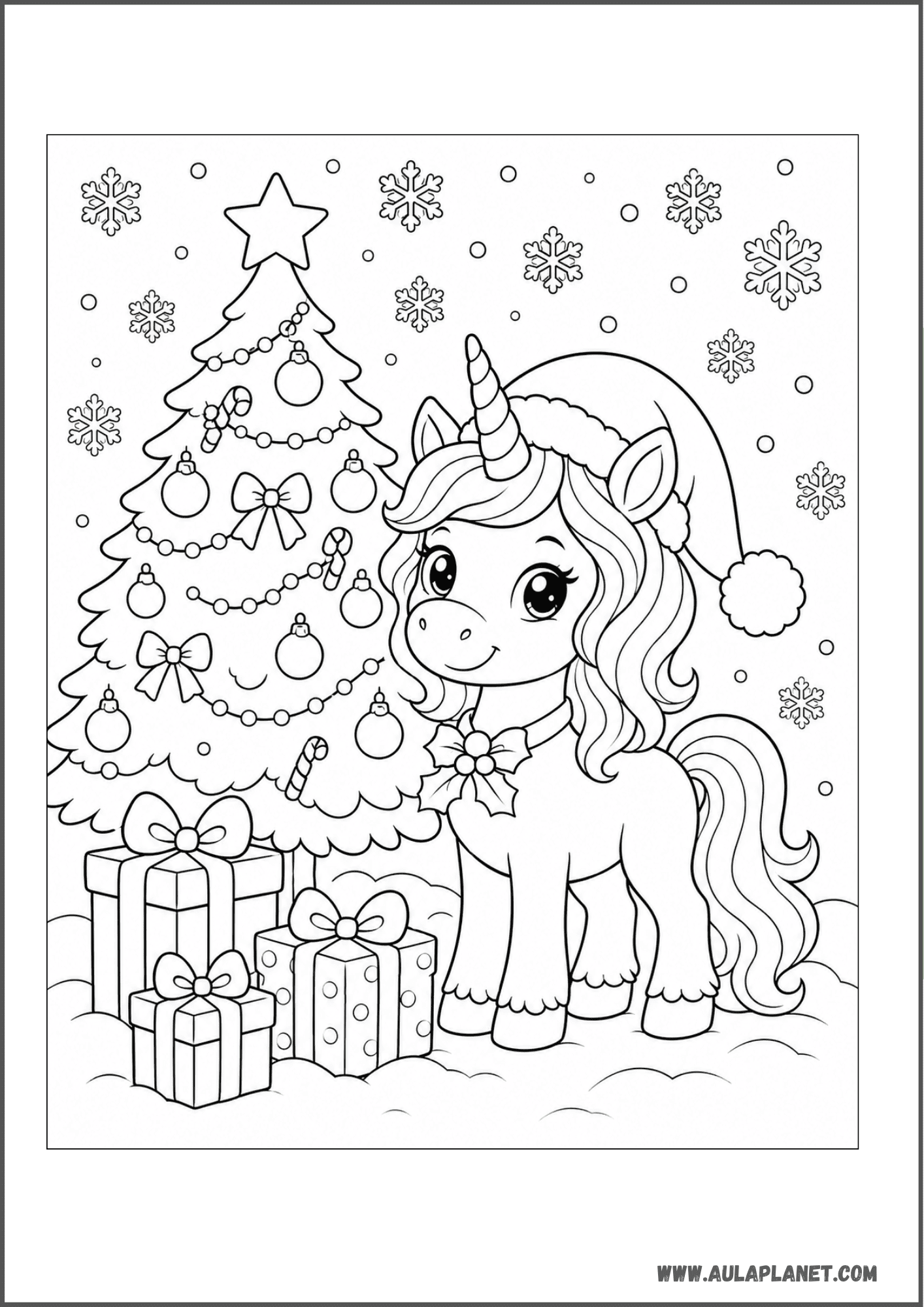 Licorne de Noël près du sapin