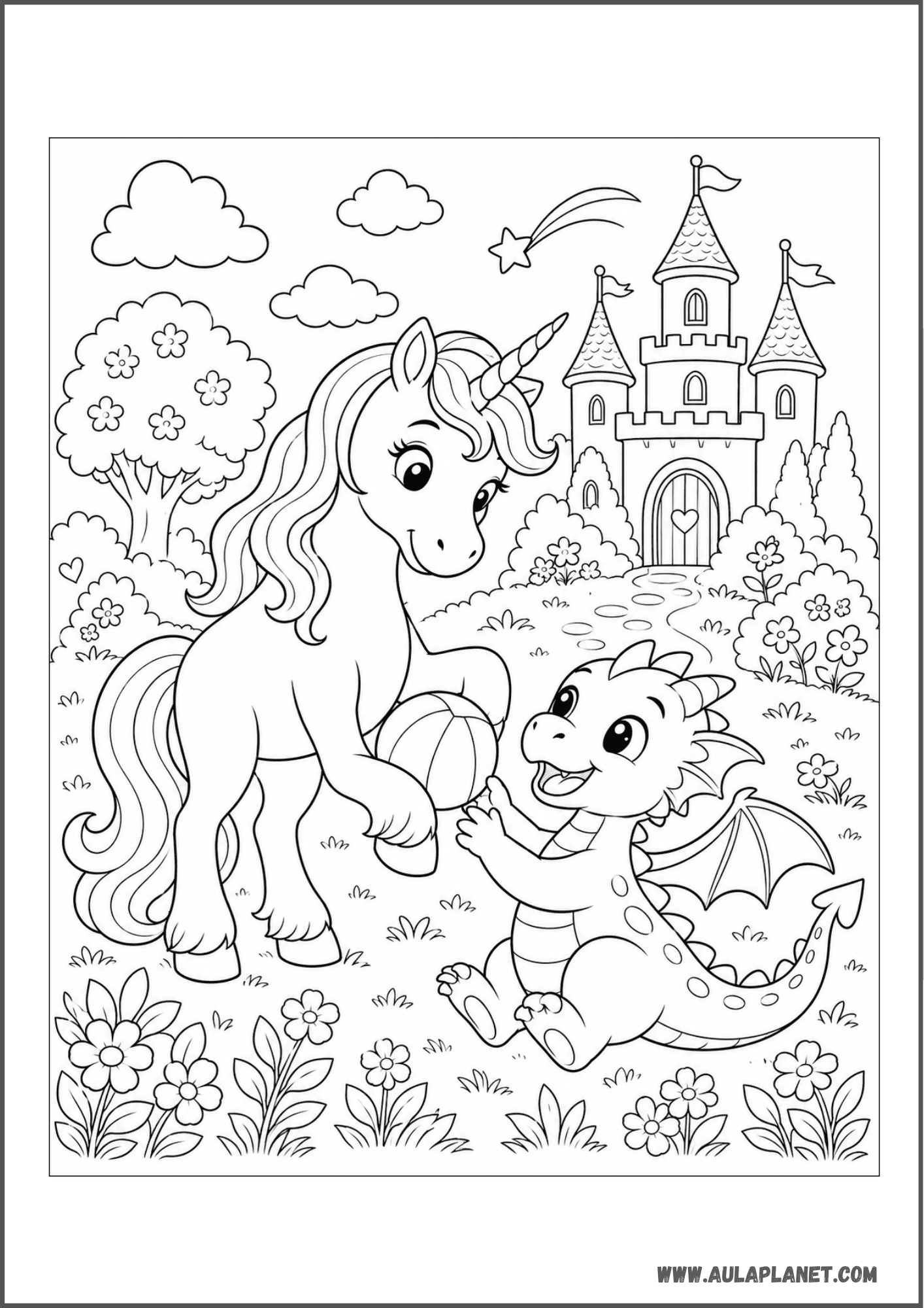 Licorne et bébé dragon près du château