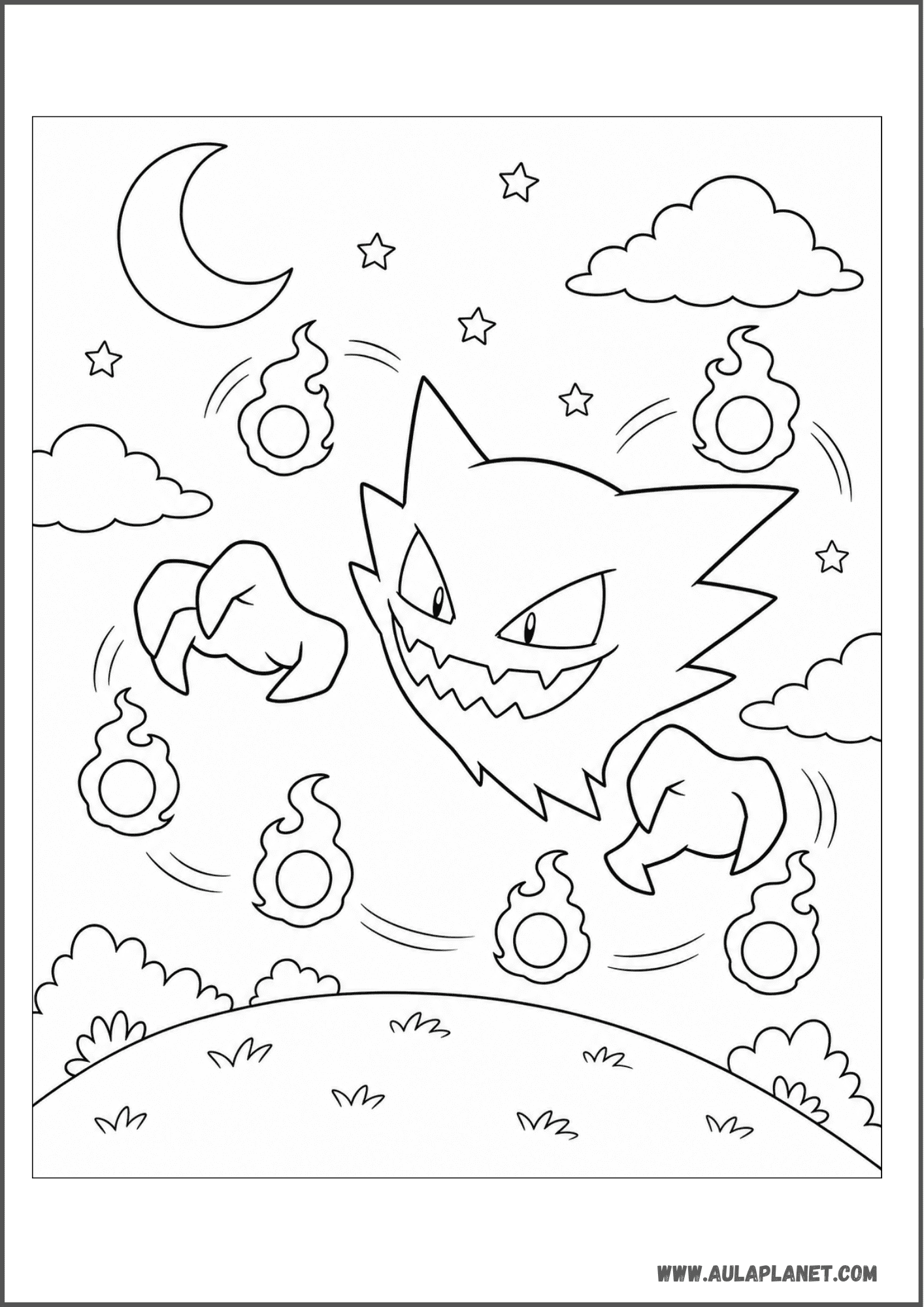 Haunter entre bolas de fuego bajo la luna