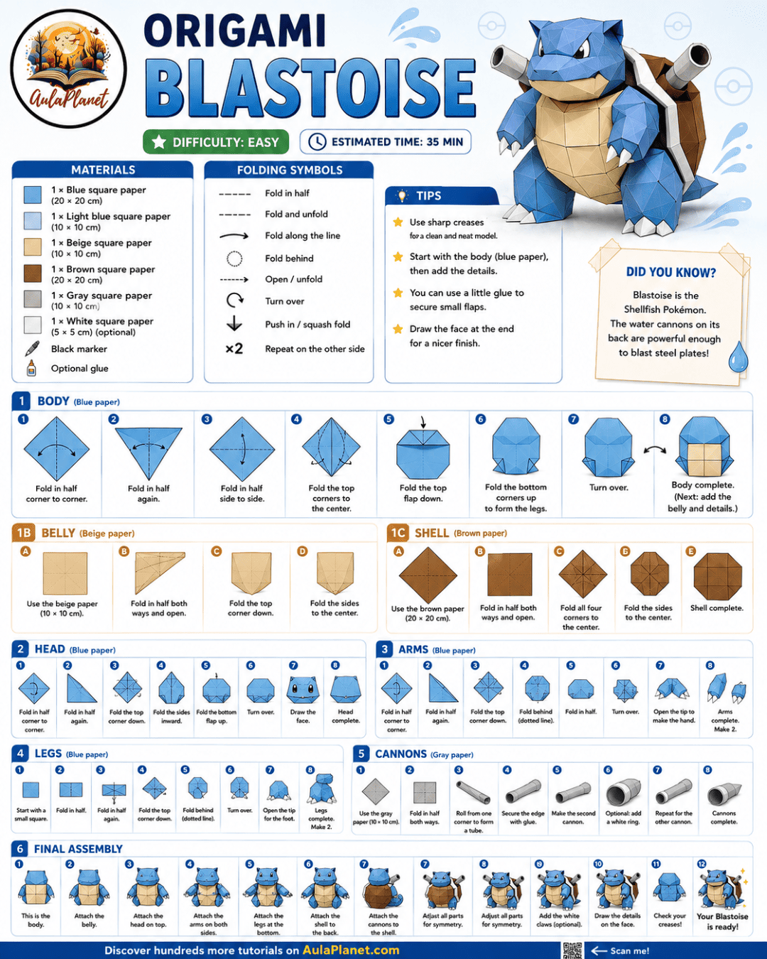 Cómo hacer origami de Blastoise paso a paso