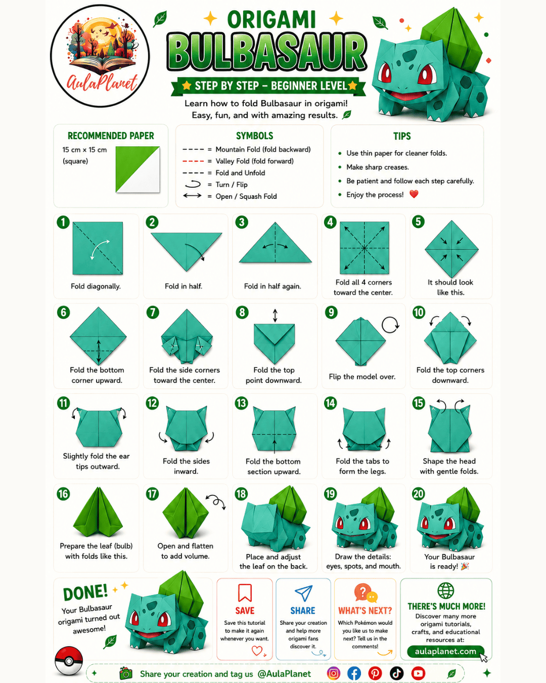 Cómo hacer origami de Bulbasaur paso a paso