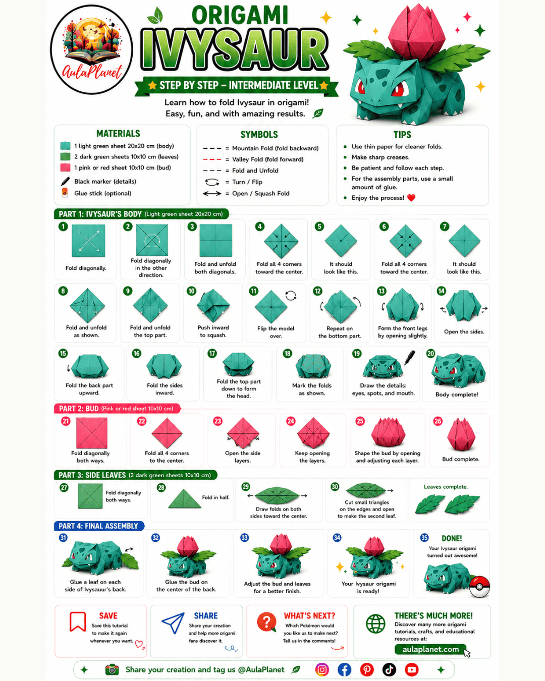 Cómo hacer origami de Ivysaur paso a paso