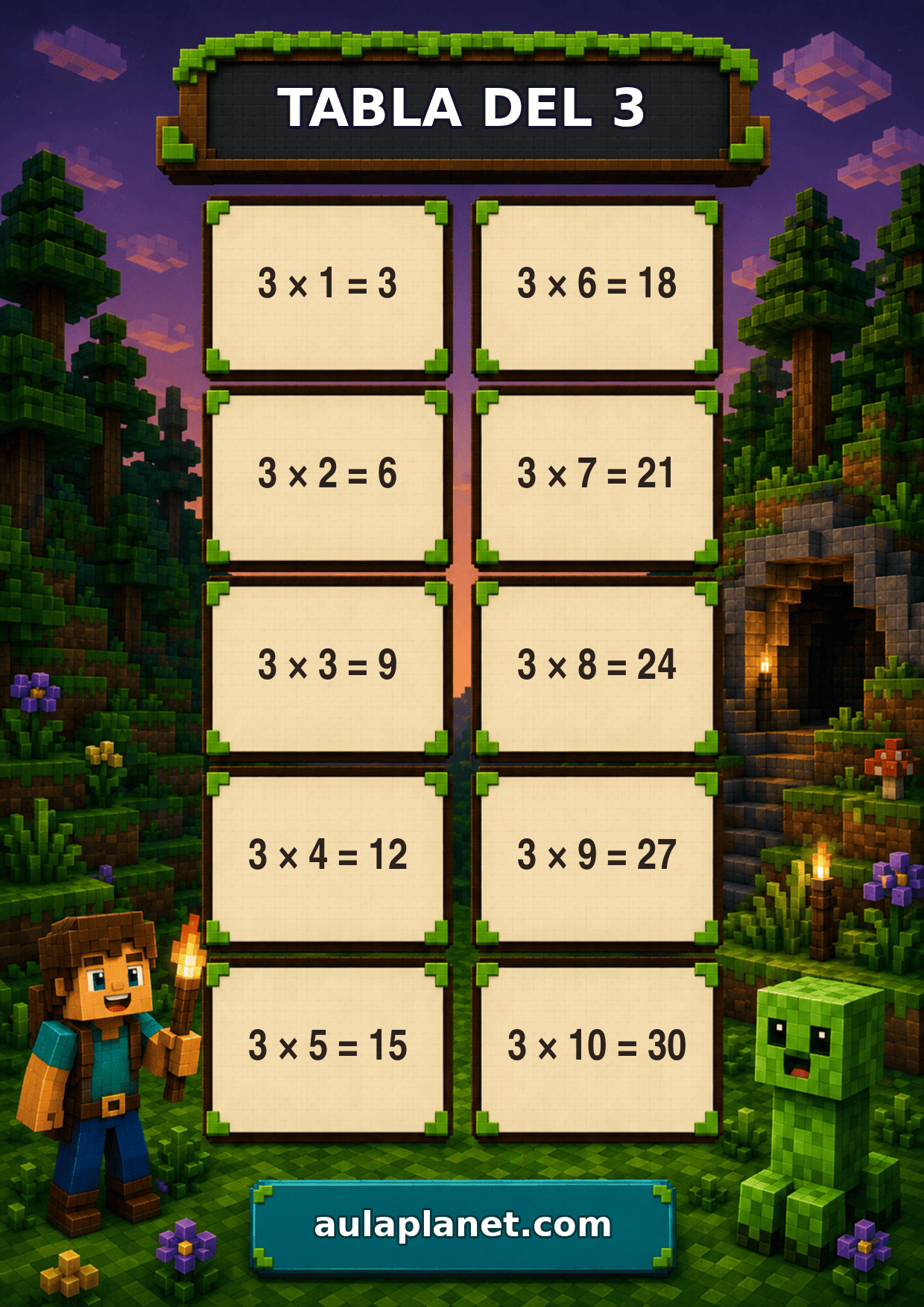 Tabla del 3 de Minecraft para imprimir