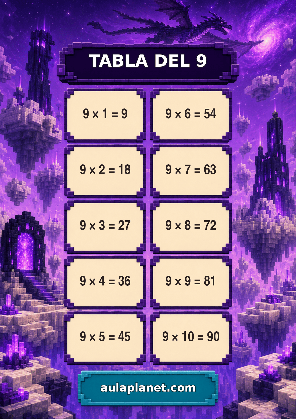 Tabla del 9 de Minecraft para imprimir