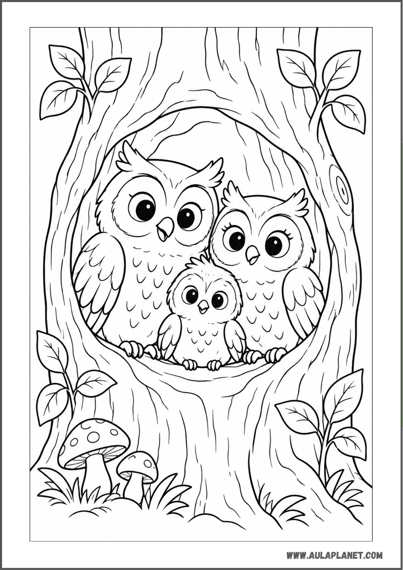 Familia de búhos en un árbol