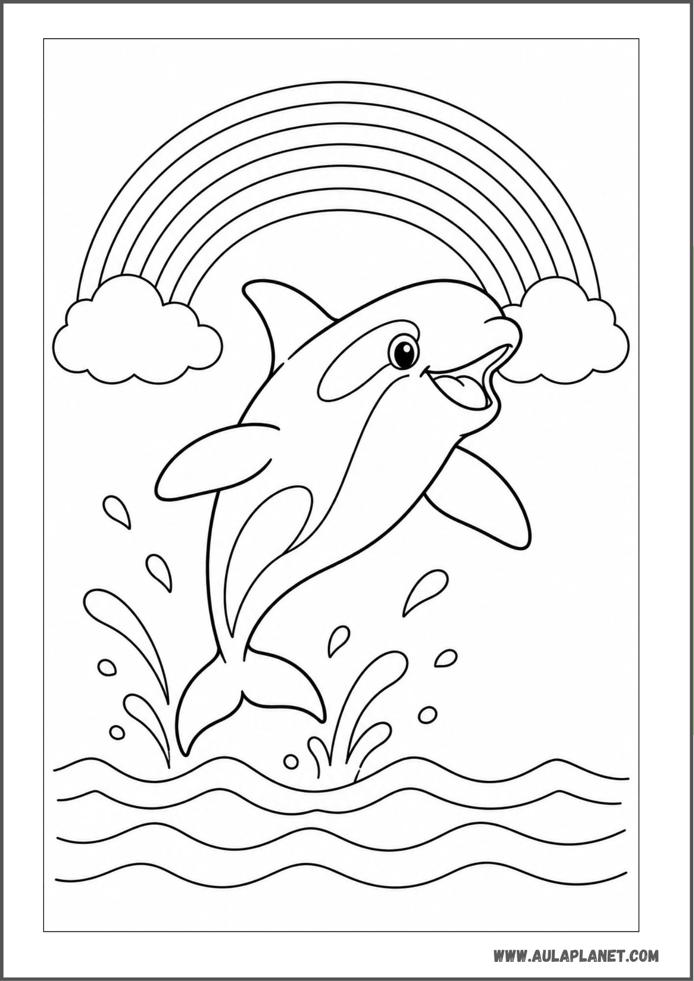 Orca saltando bajo un arcoíris