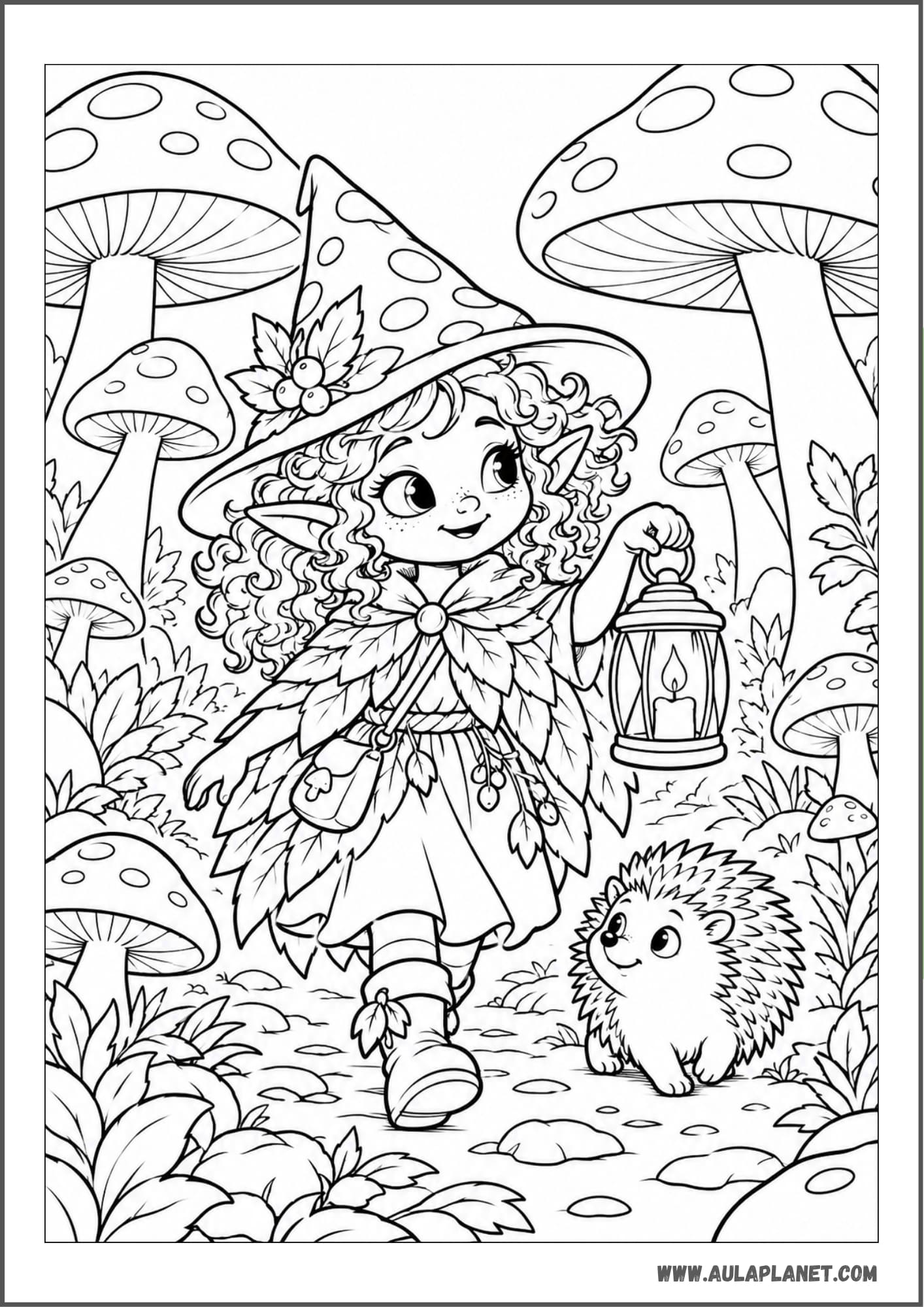 Strega con lanterna nel bosco di funghi da colorare