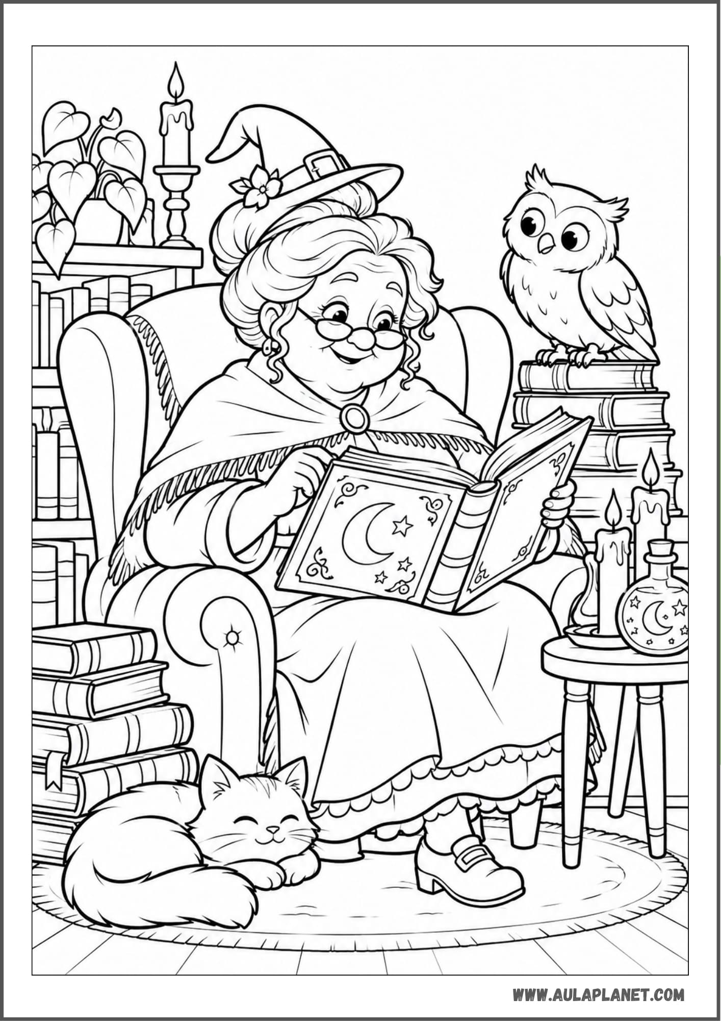 Strega che legge un libro di incantesimi da colorare