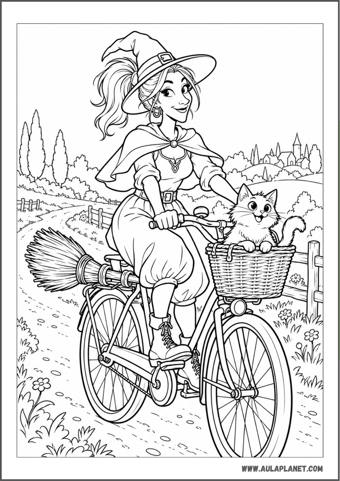 Strega che va in bicicletta con il suo gatto da colorare