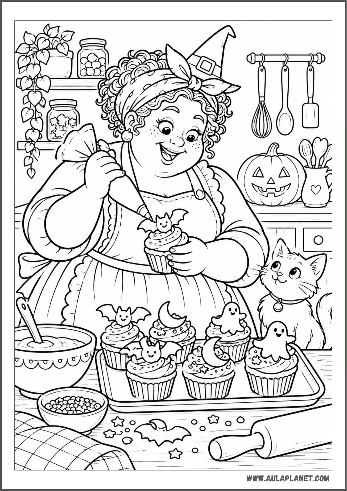 Strega pasticciera che decora muffin da colorare