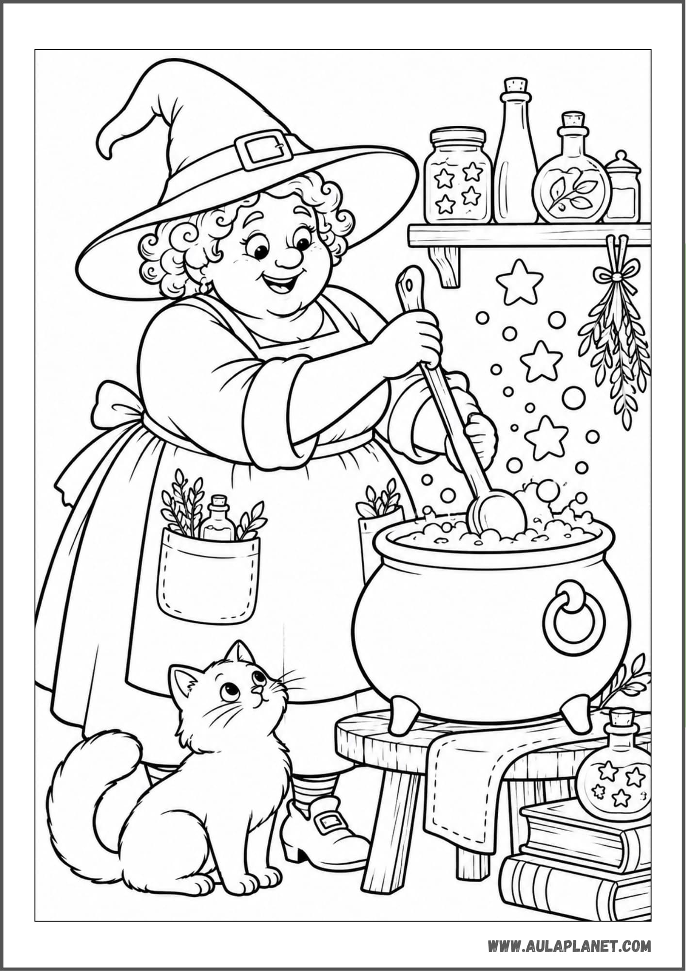 Strega che prepara una pozione magica da colorare