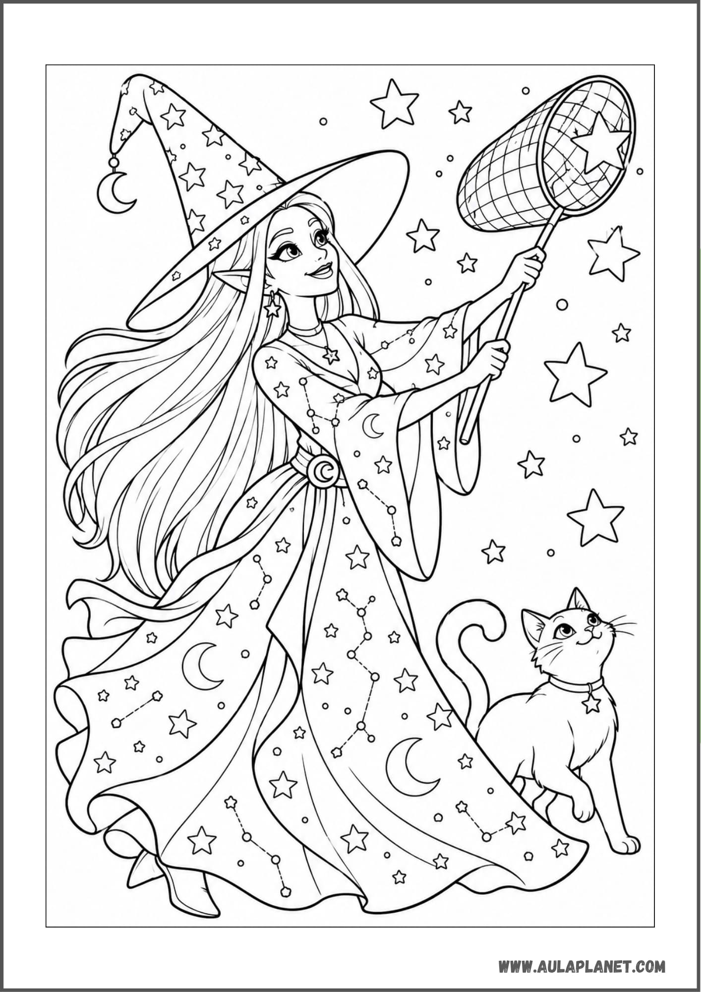 Strega che raccoglie stelle con un retino da colorare