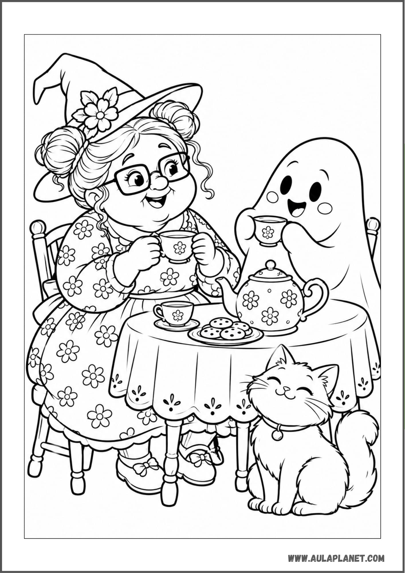 Strega che prende il tè con un fantasma da colorare