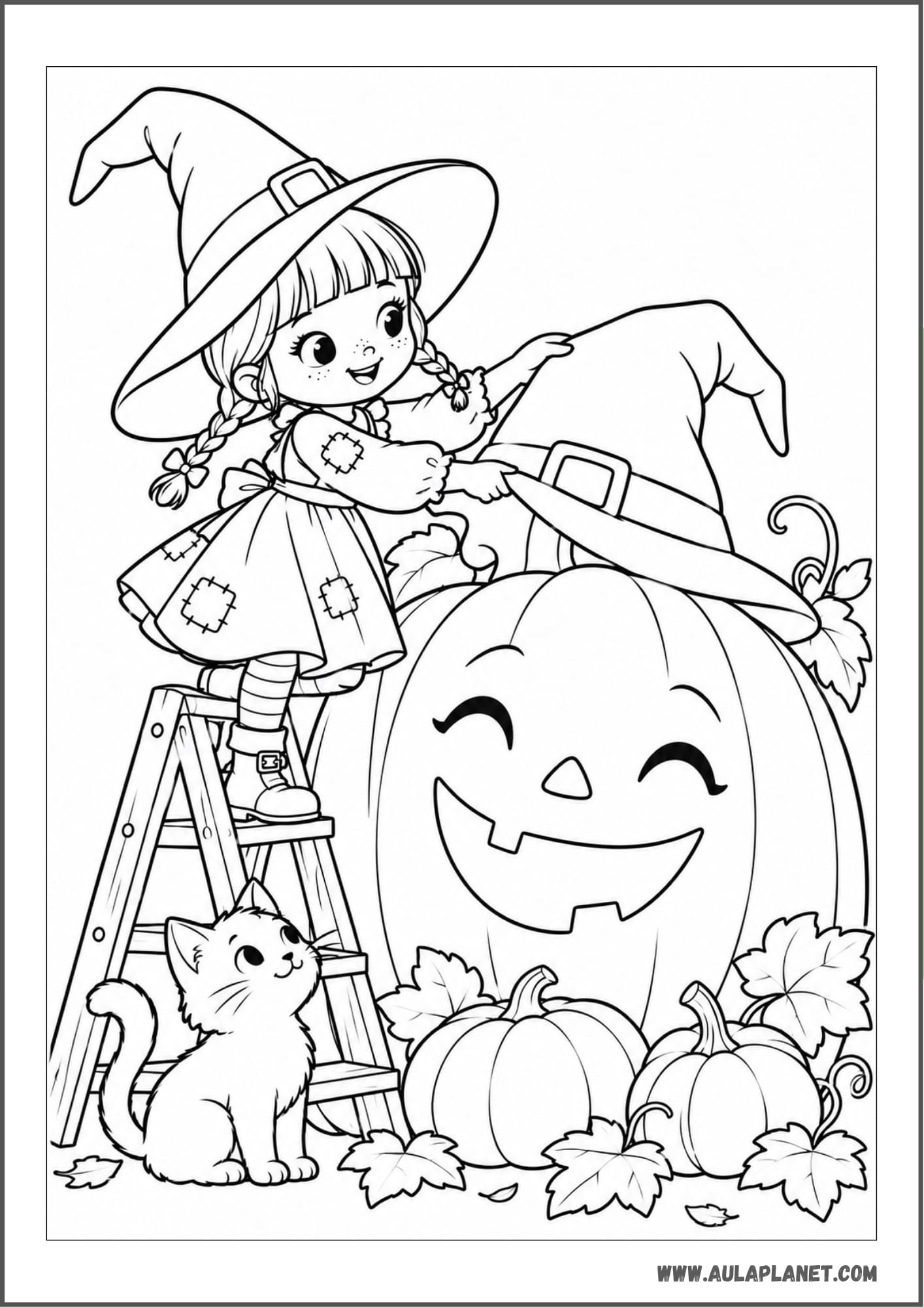 Streghetta che decora una zucca gigante da colorare