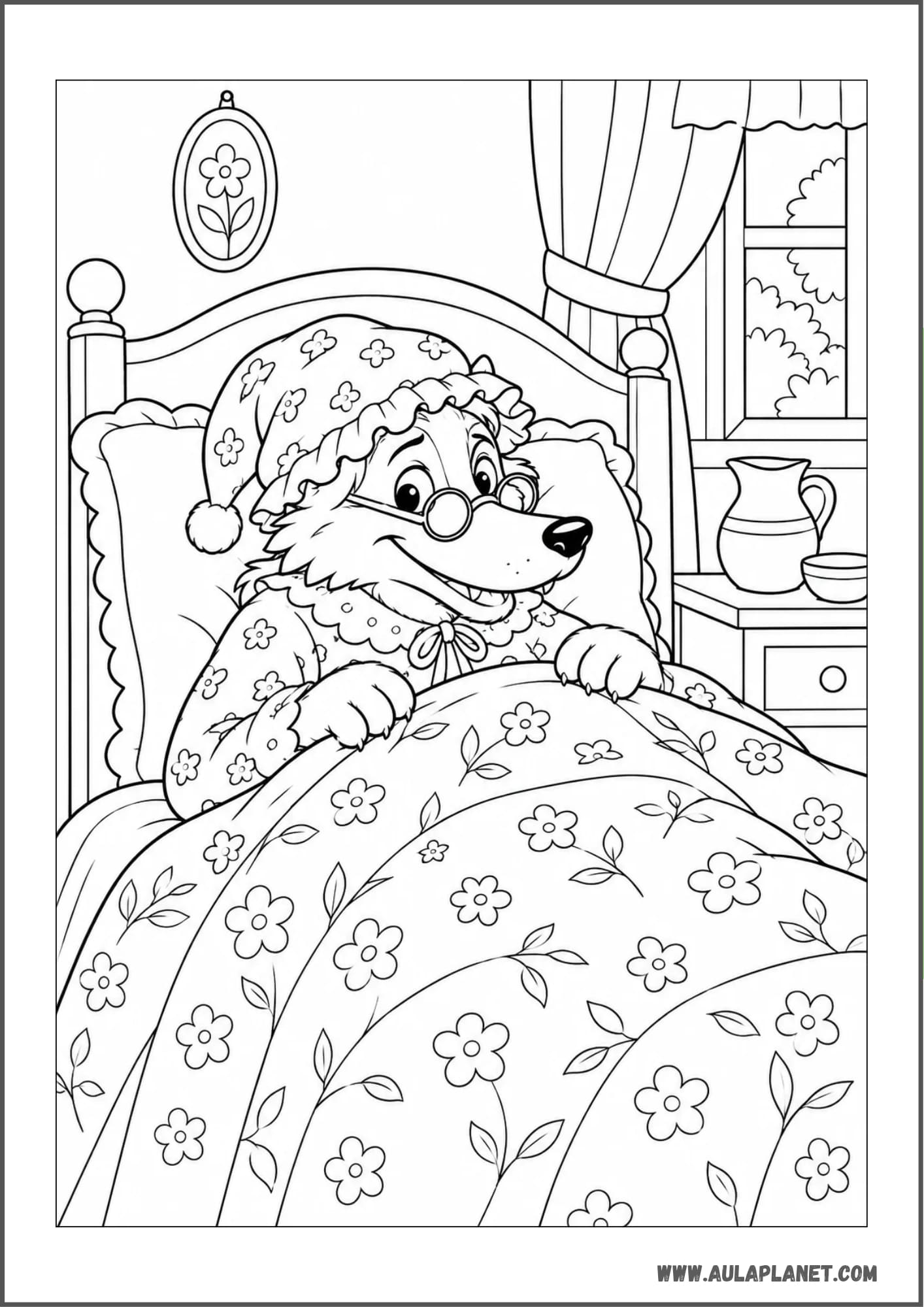 Il lupo travestito da nonna sotto una coperta fiorita da colorare
