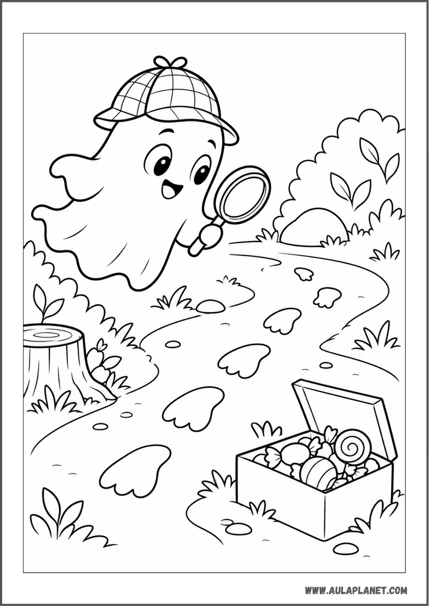 Fantasma detective siguiendo huellas hasta los caramelos para colorear