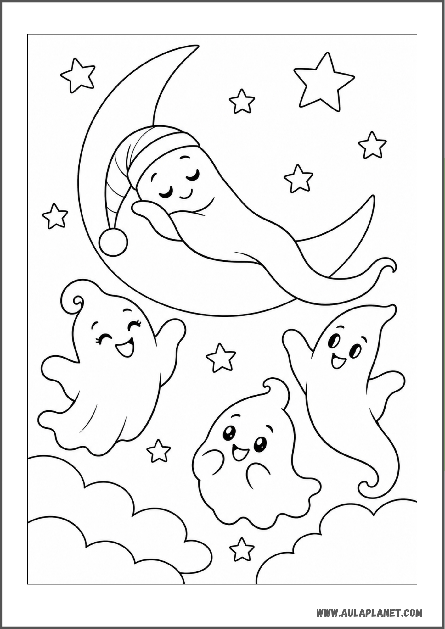 Fantasma dormilón sobre la luna para colorear