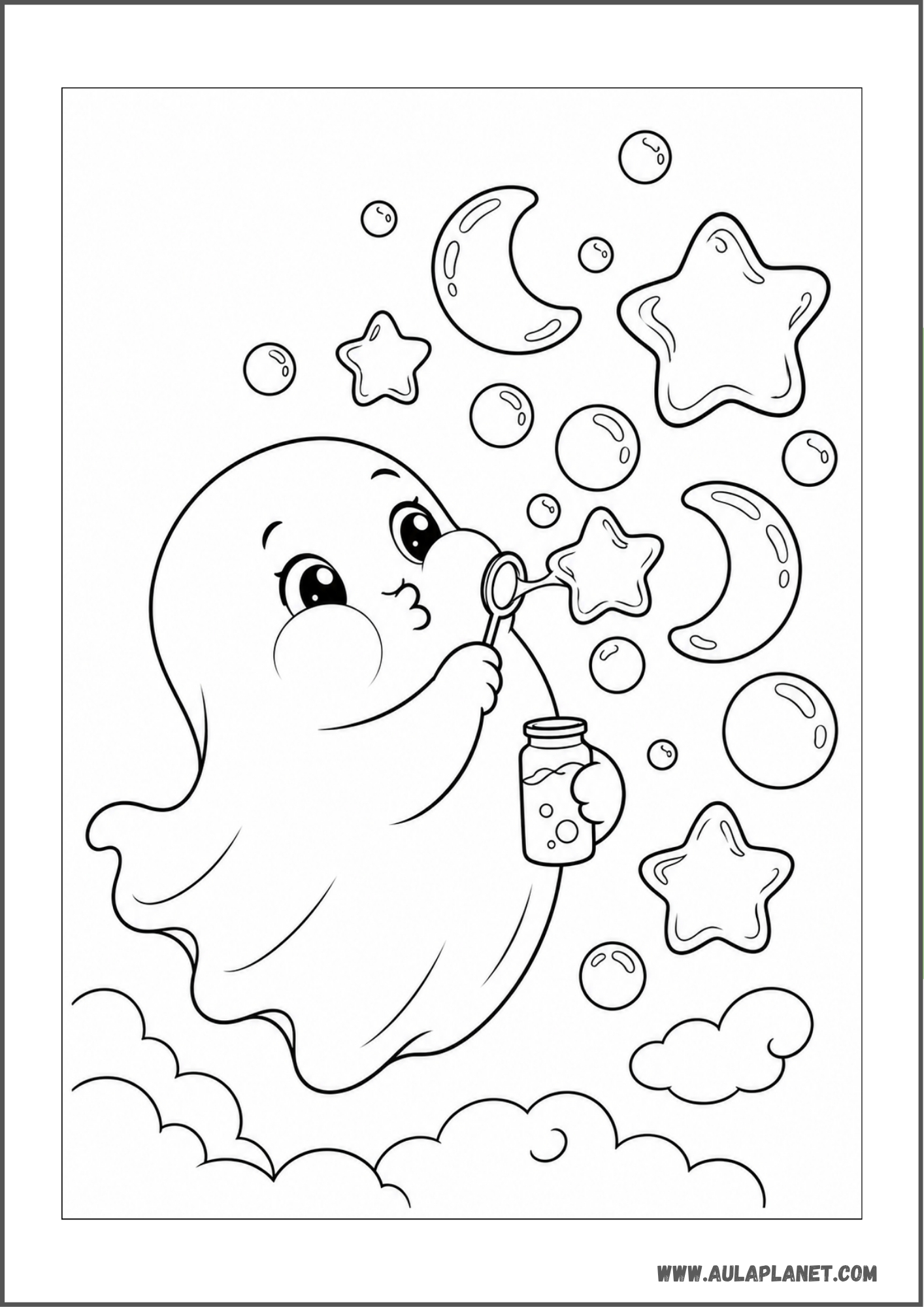 Fantasma haciendo pompas de estrellas y lunas para colorear