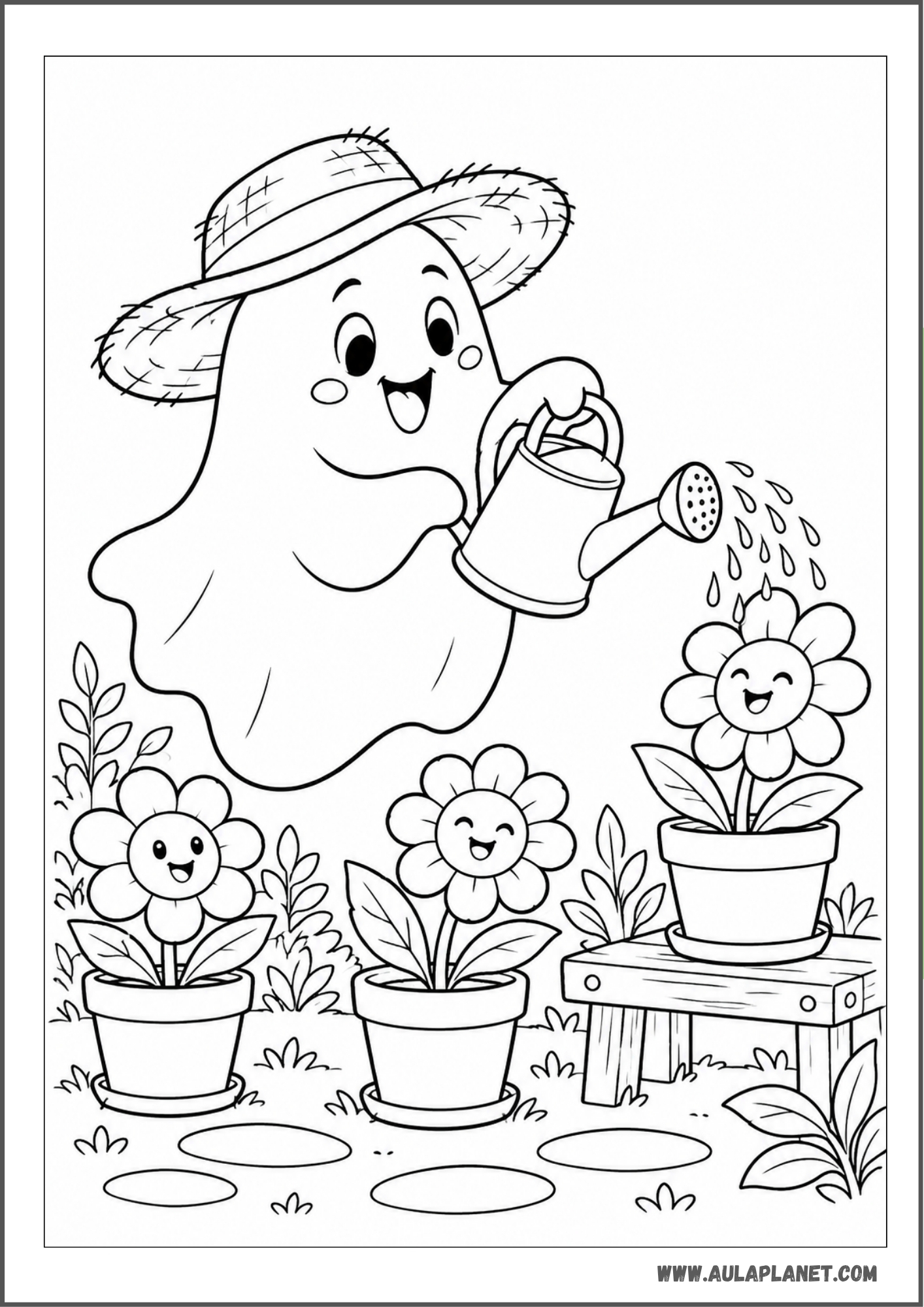 Fantasma jardinero regando sus flores para colorear