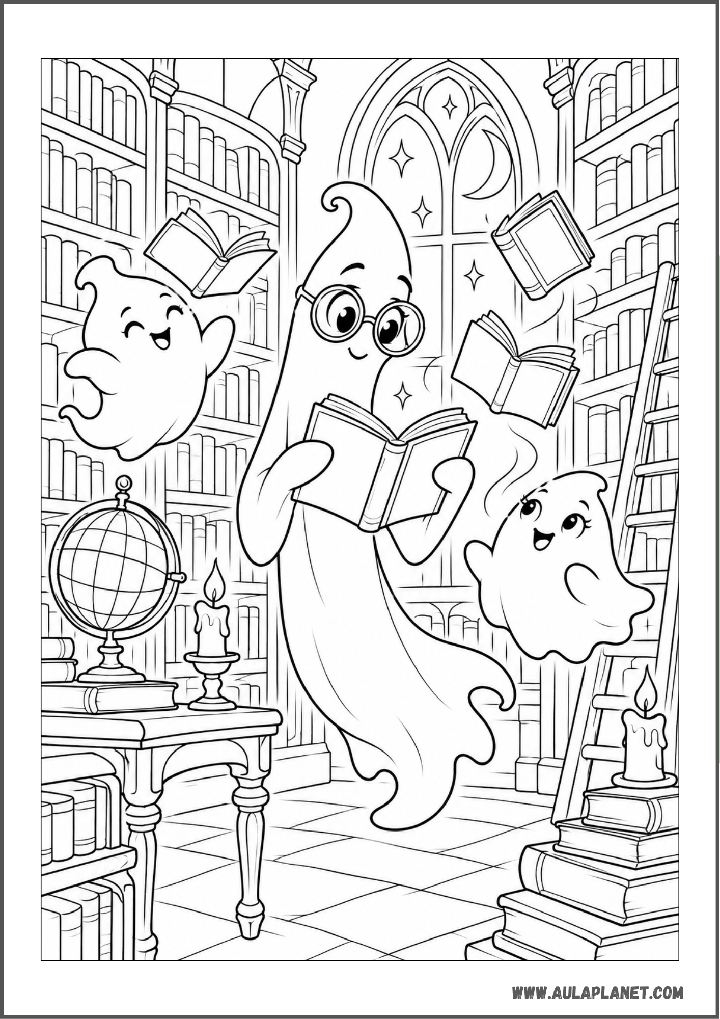 Fantasma lector en una biblioteca encantada para colorear