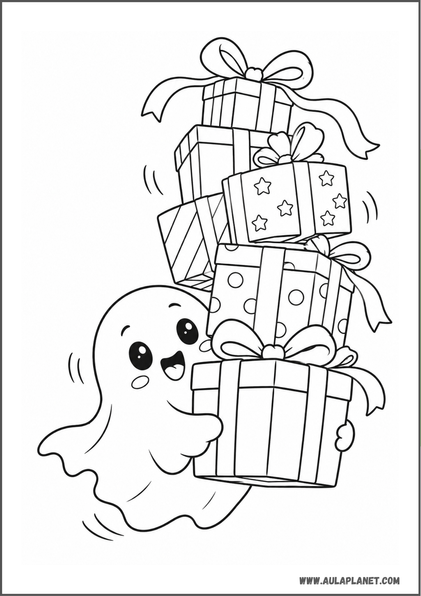 Fantasma llevando una torre de regalos para colorear