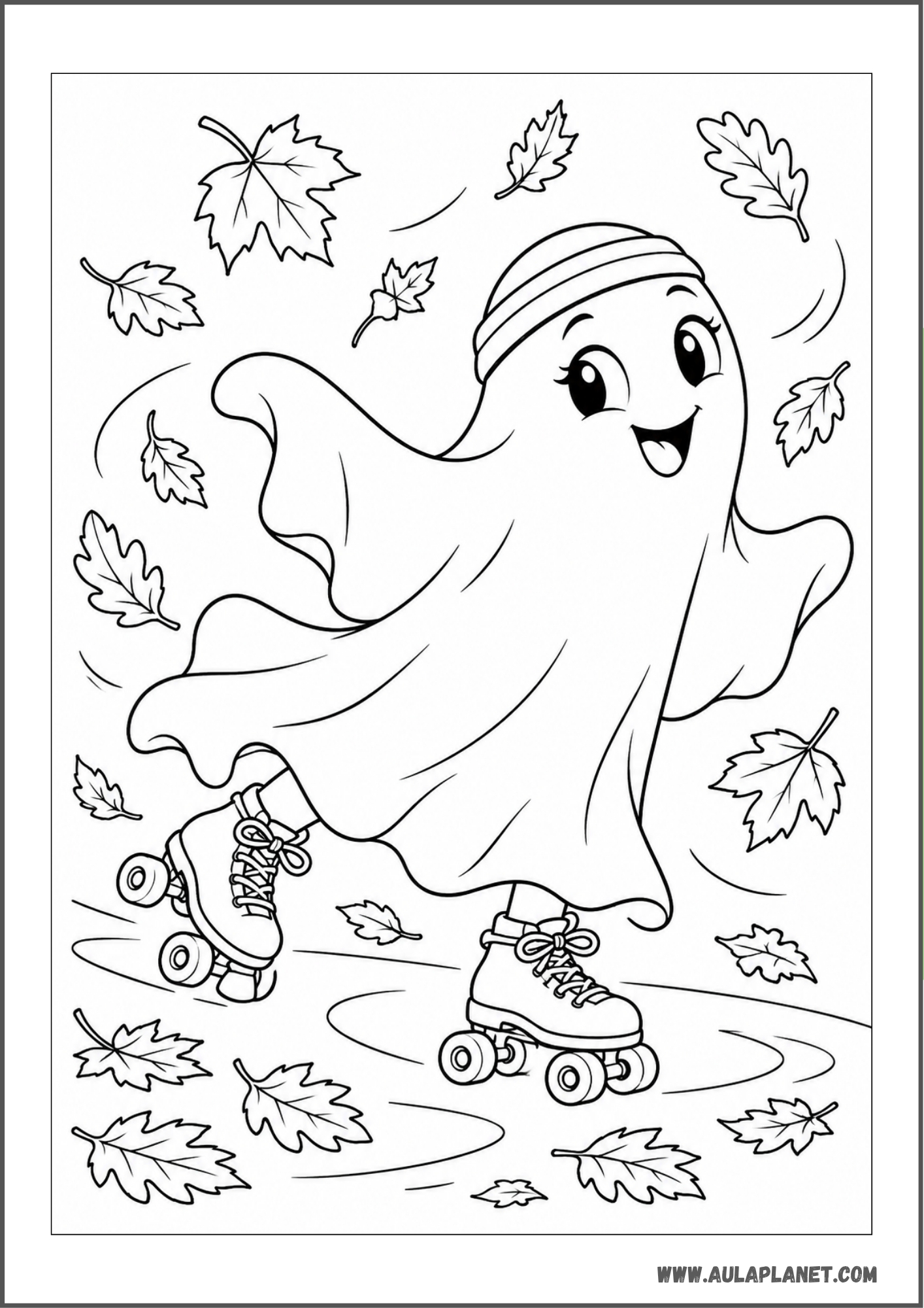 Fantasma patinador entre hojas de otoño para colorear