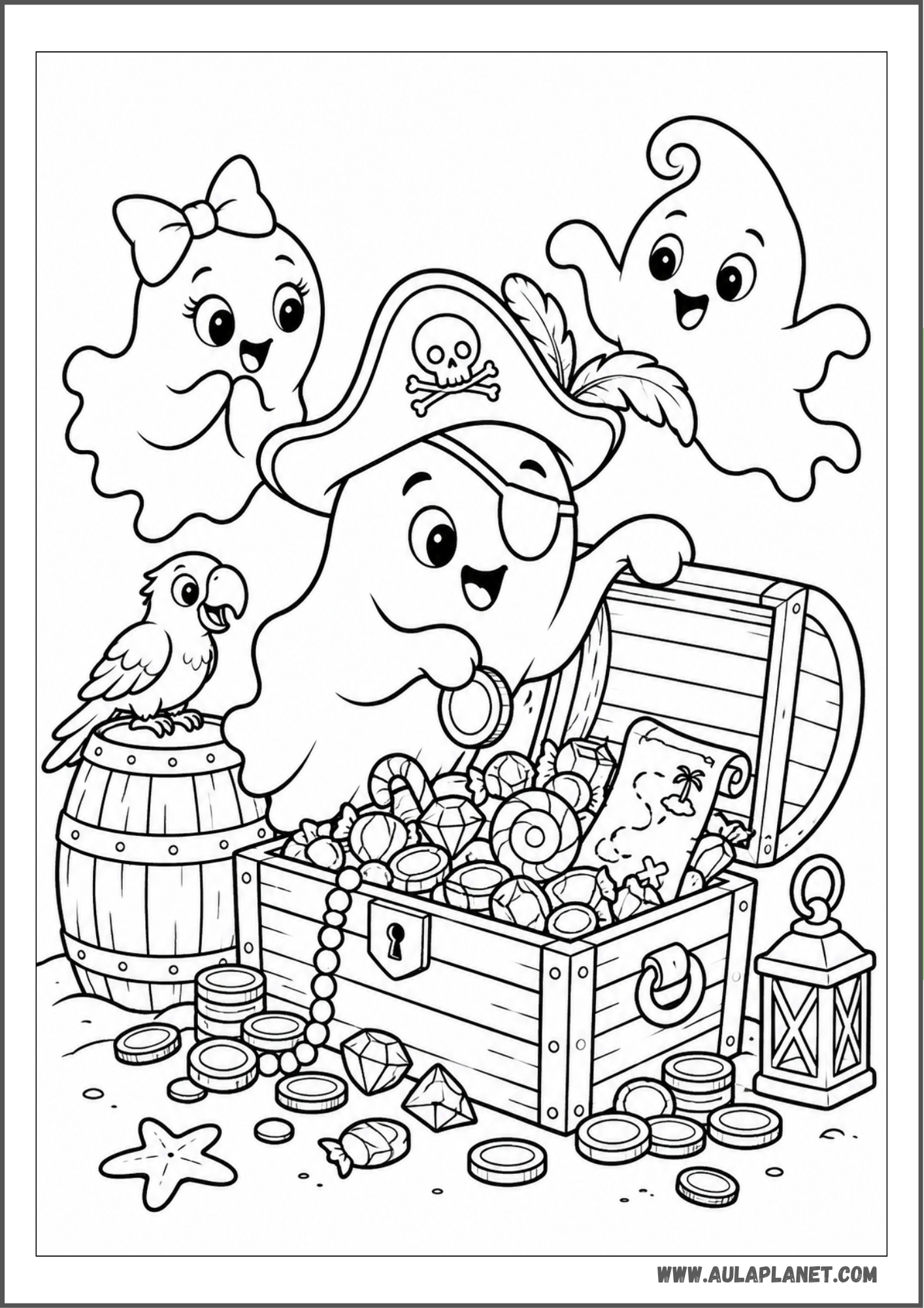 Fantasma pirata descubriendo un tesoro para colorear