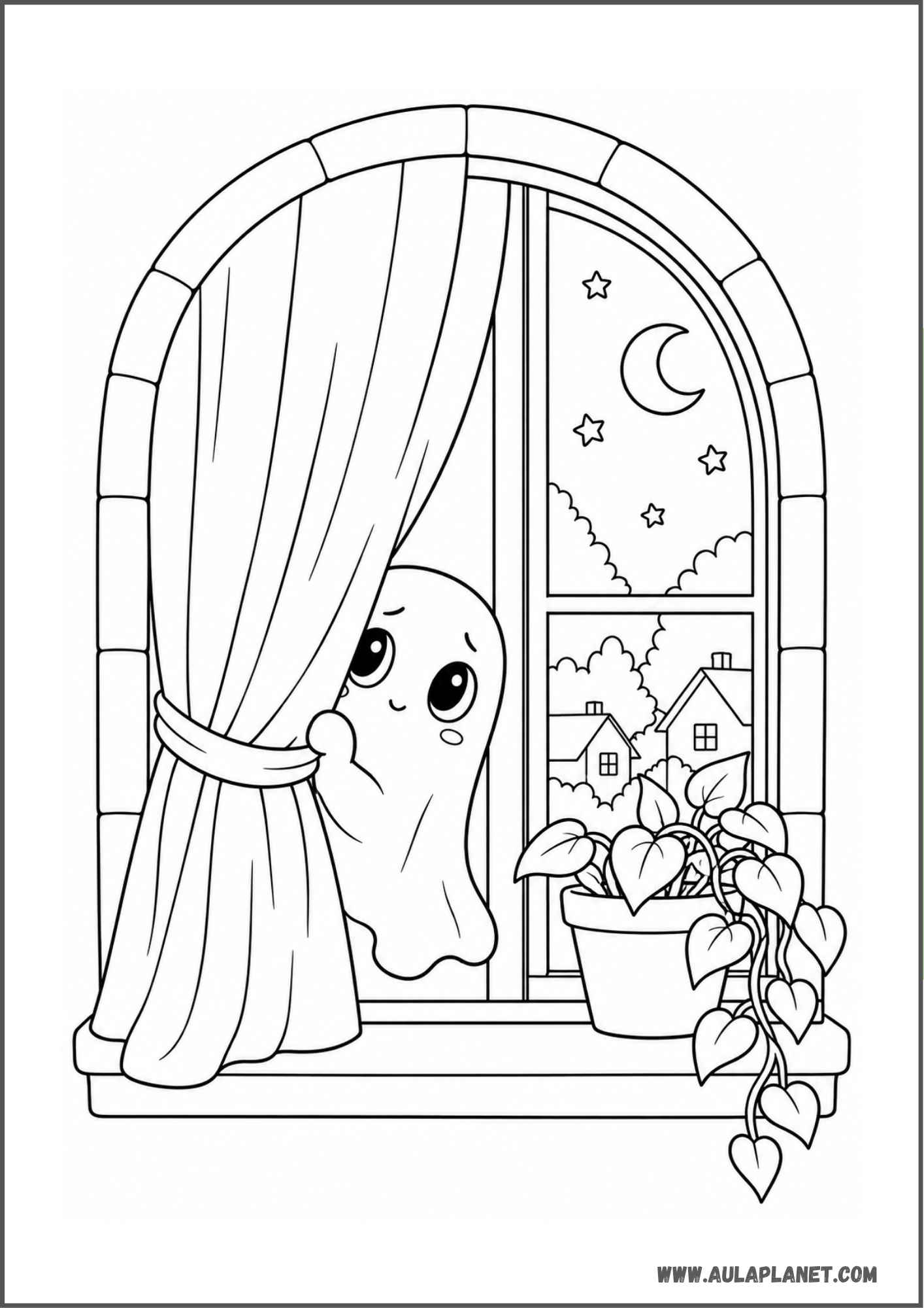 Fantasma tímido detrás de una cortina para colorear