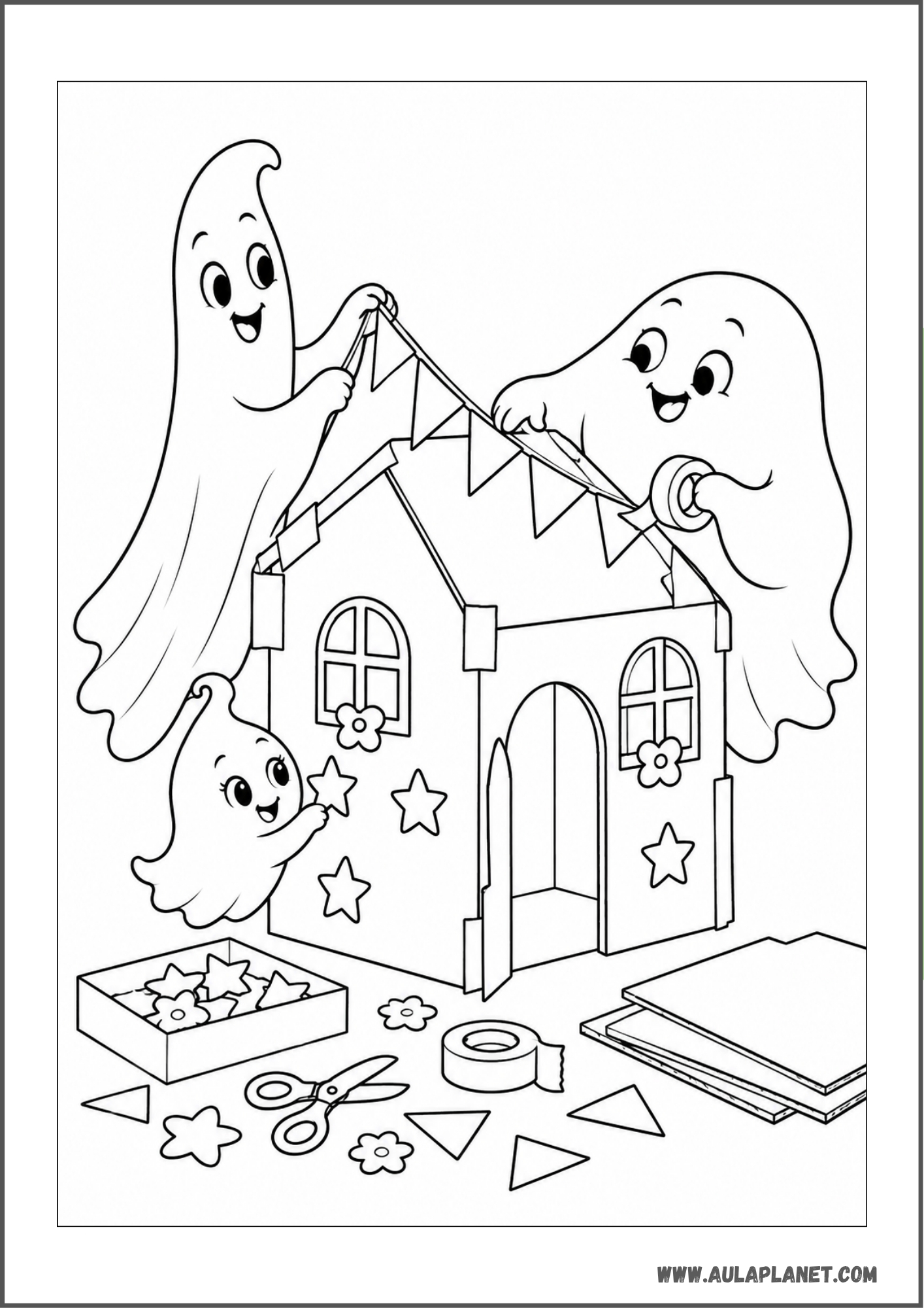 Tres fantasmas construyendo una casa de cartón para colorear