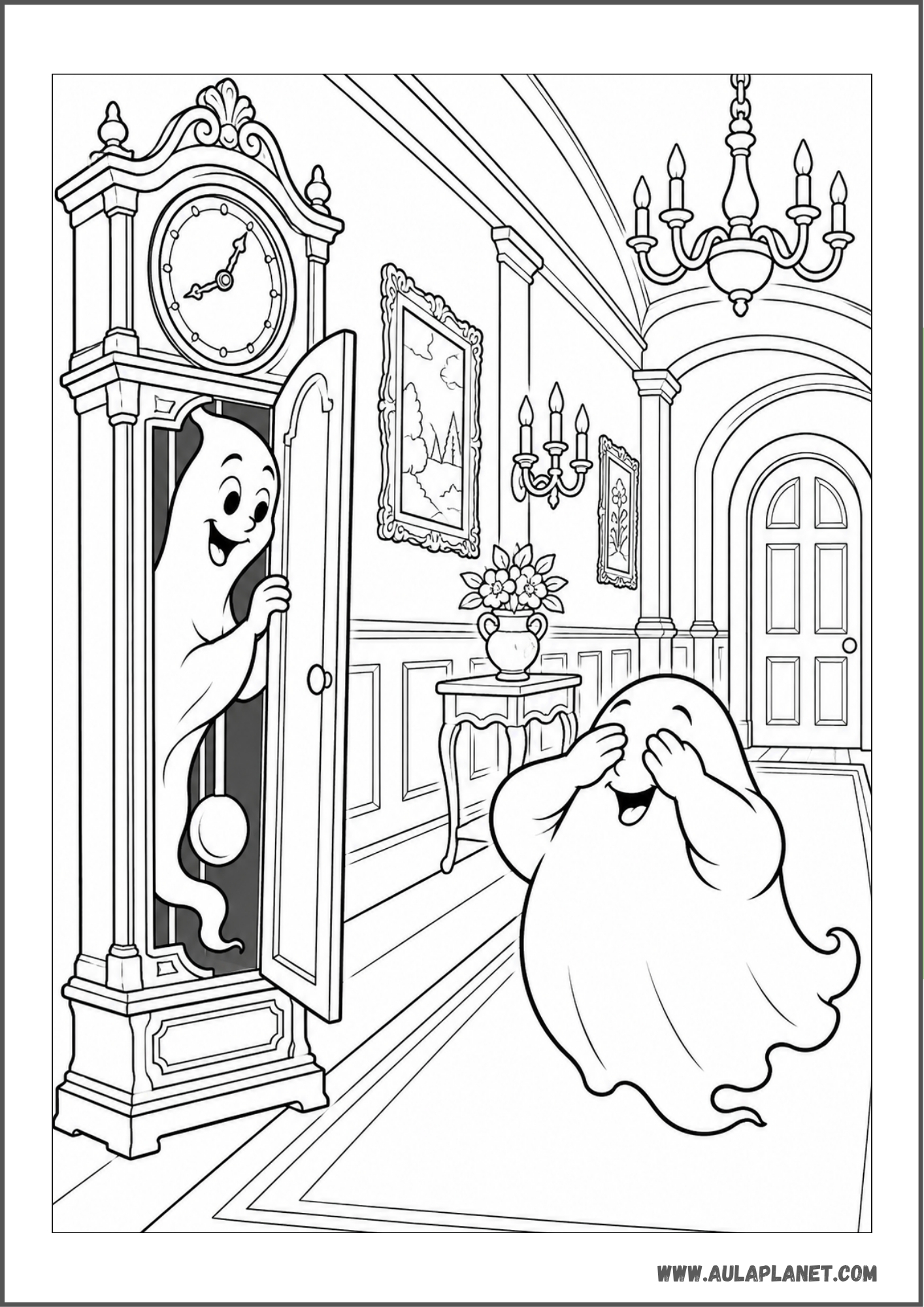 Fantasmas jugando al escondite en una mansión para colorear