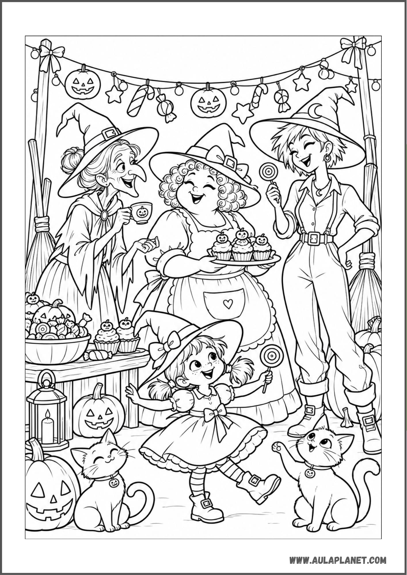 Festa di streghe con dolci e zucche da colorare