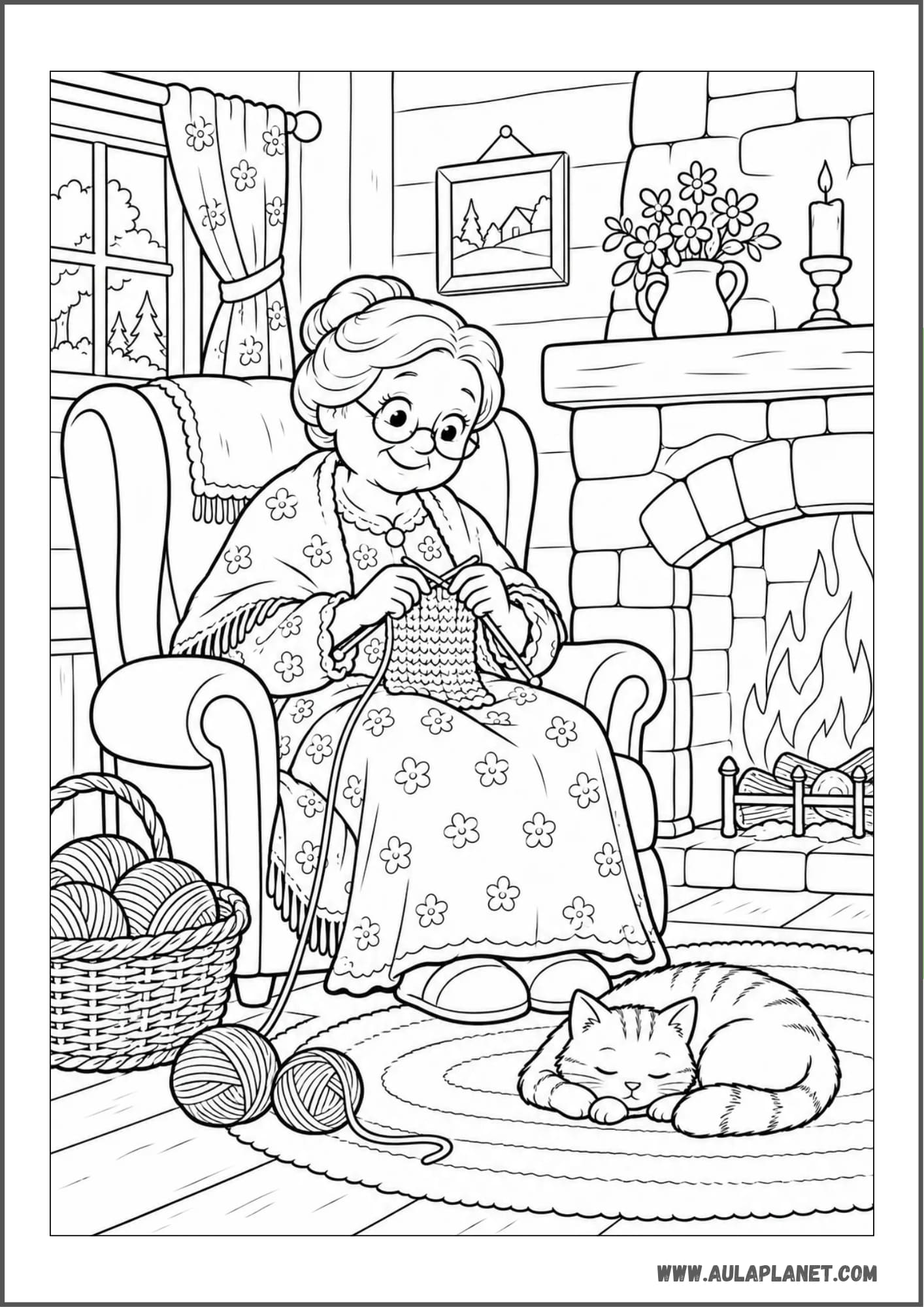 La nonna che lavora a maglia sulla sua poltrona vicino al camino e a un gatto da colorare