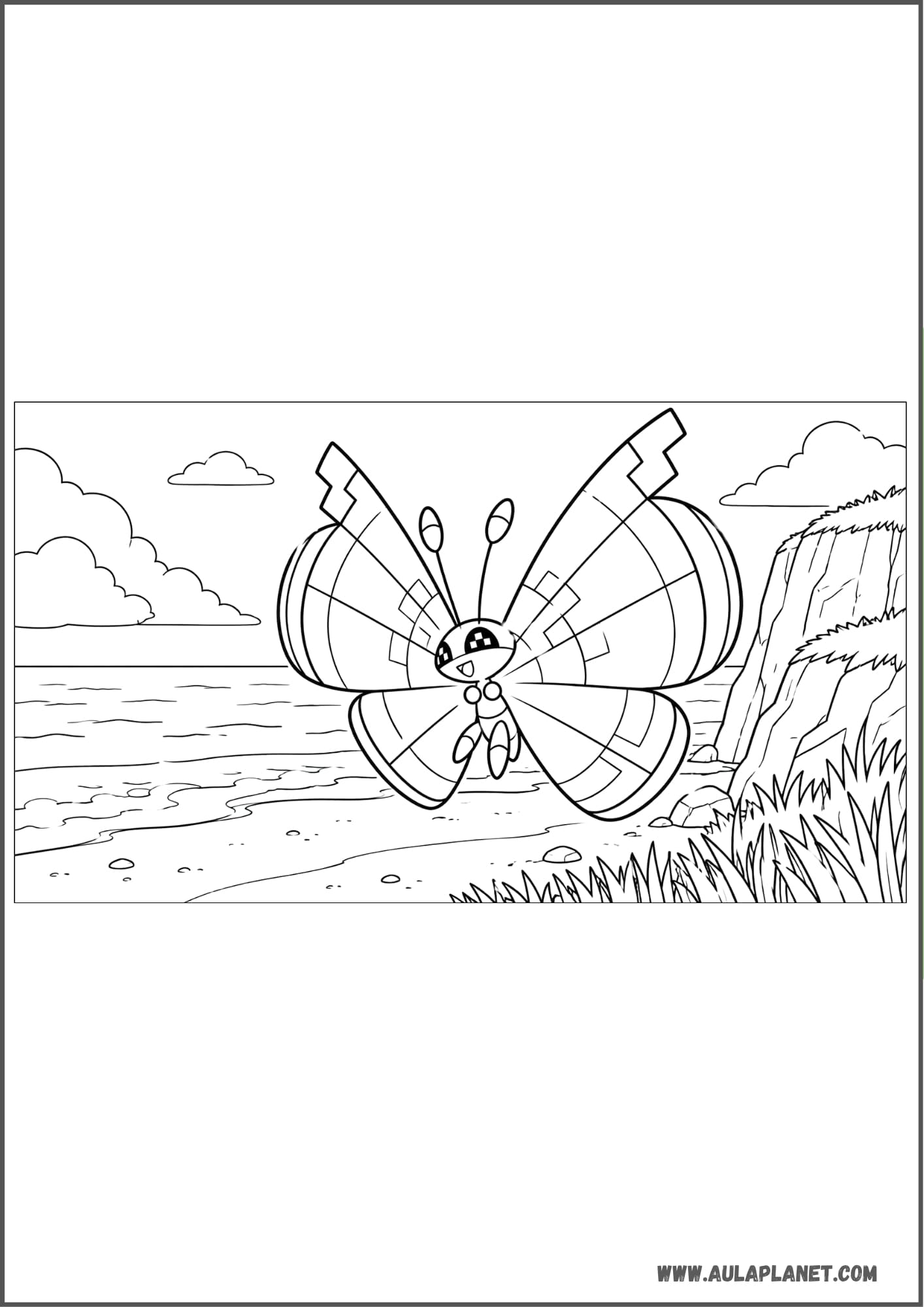 Vivillon con una playa de fondo para colorear