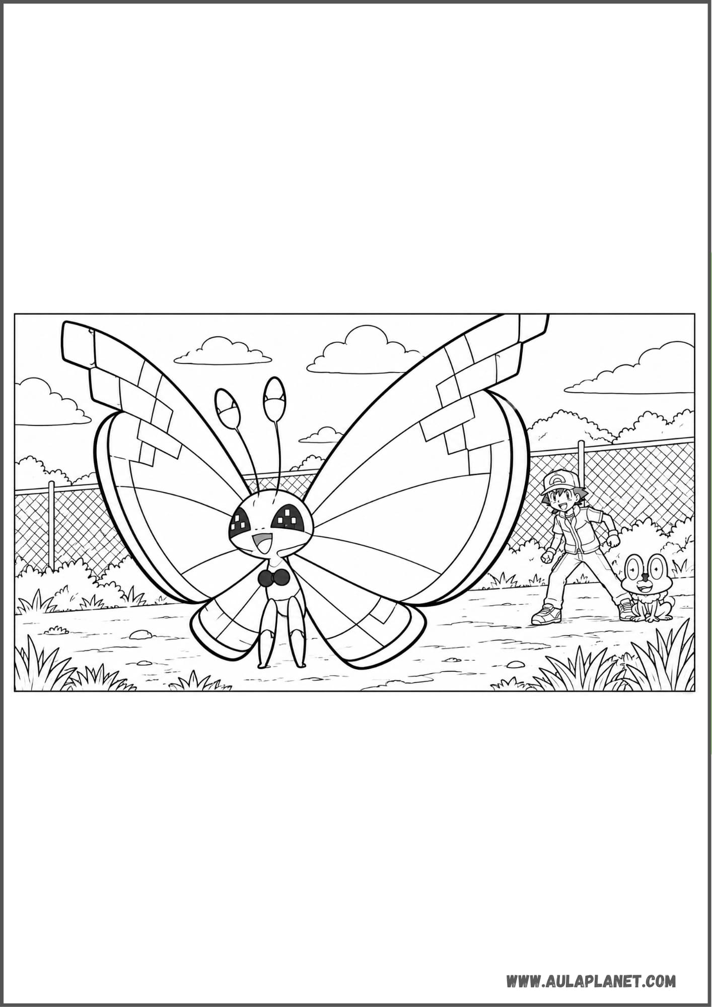 Vivillon junto a Ash, listo para combatir para colorear