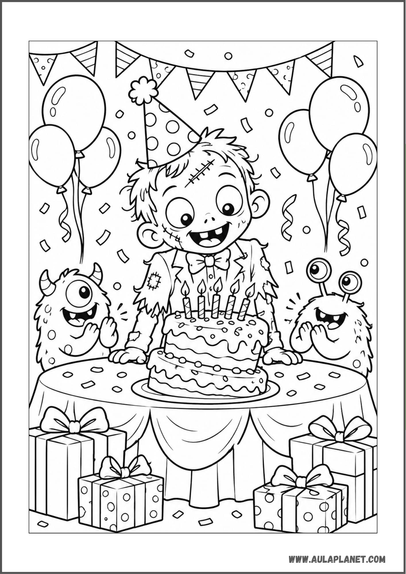 Cumpleaños zombi con tarta y regalos